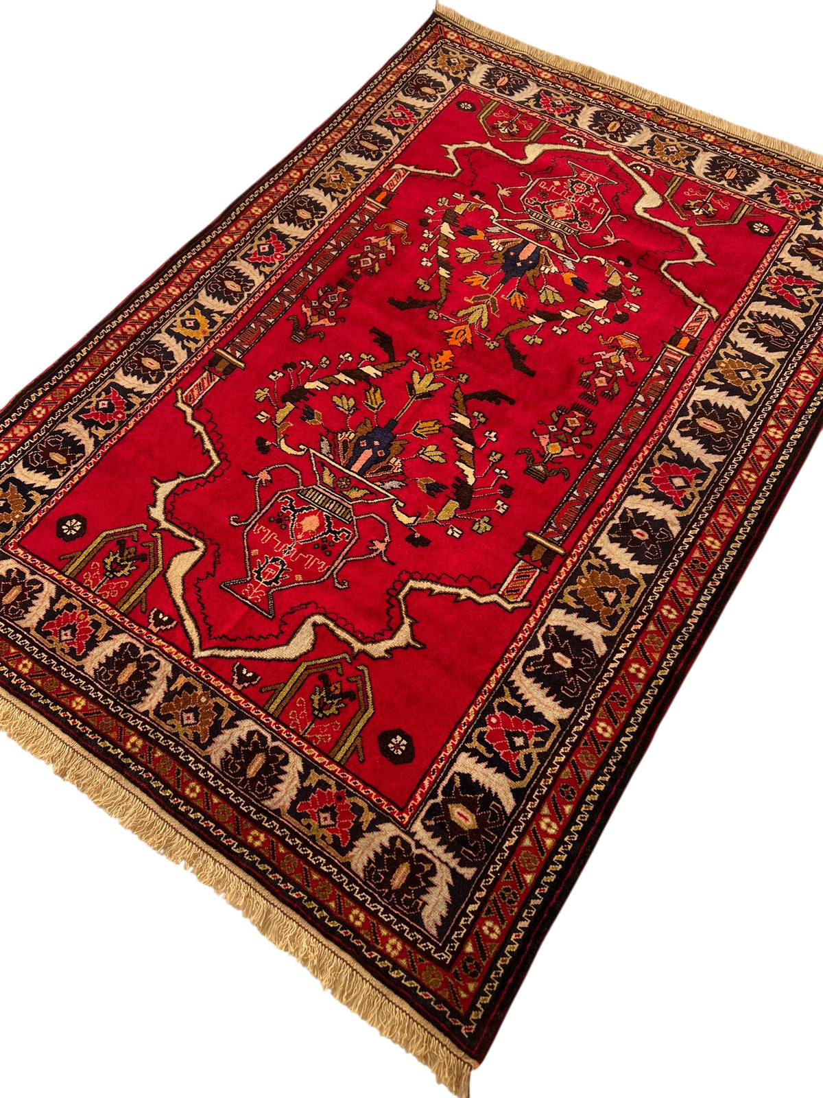 Oriental Rug 4x6 | Red, Navy & Ivory | Hand-Knotted Wool