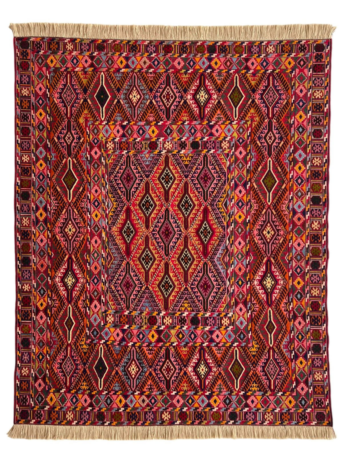 Kilim Rug 5x6 | Red, Burgundy & Pink | Hand-Woven Wool Flatweave