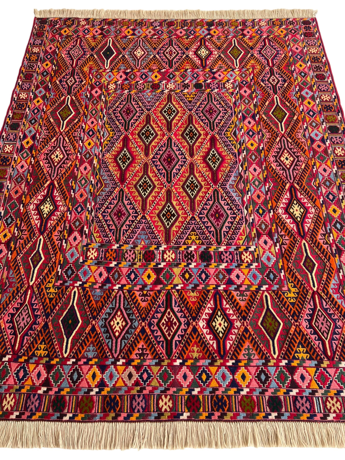 Kilim Rug 5x6 | Red, Burgundy & Pink | Hand-Woven Wool Flatweave