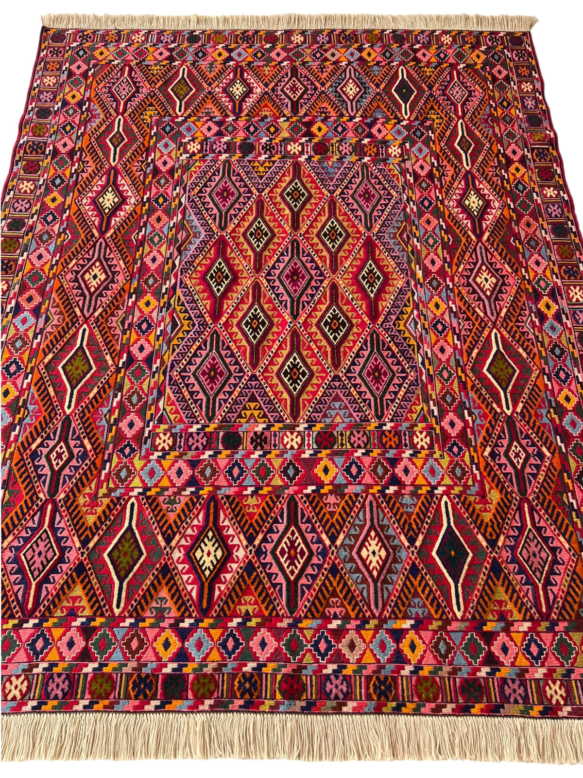 Kilim Rug 5x6 | Red, Burgundy & Pink | Hand-Woven Wool Flatweave