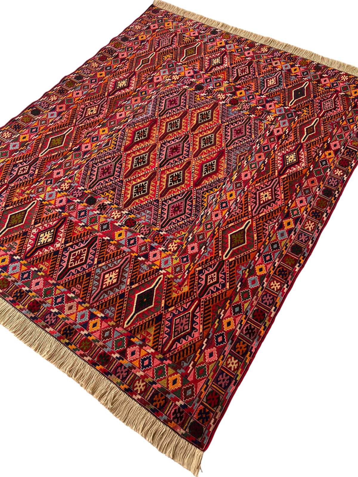Kilim Rug 5x6 | Red, Burgundy & Pink | Hand-Woven Wool Flatweave
