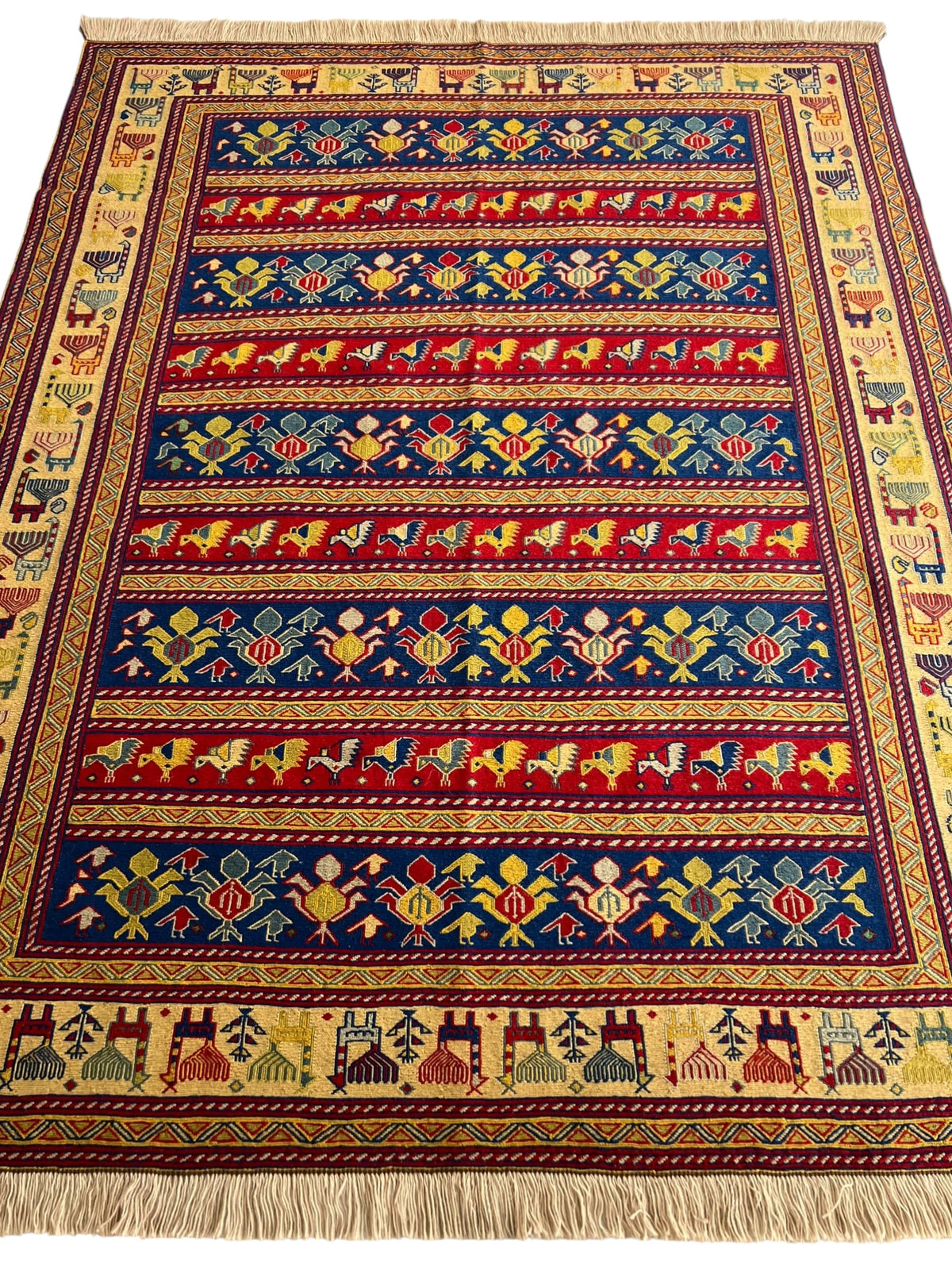 Oriental Rug 5x6 | Navy, Red & Gold | Flatweave Wool