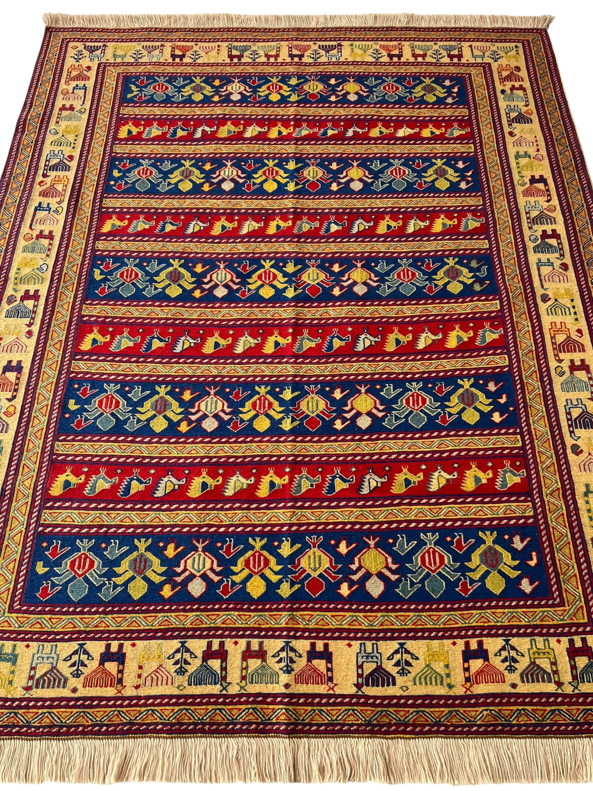 Oriental Rug 5x6 | Navy, Red & Gold | Flatweave Wool