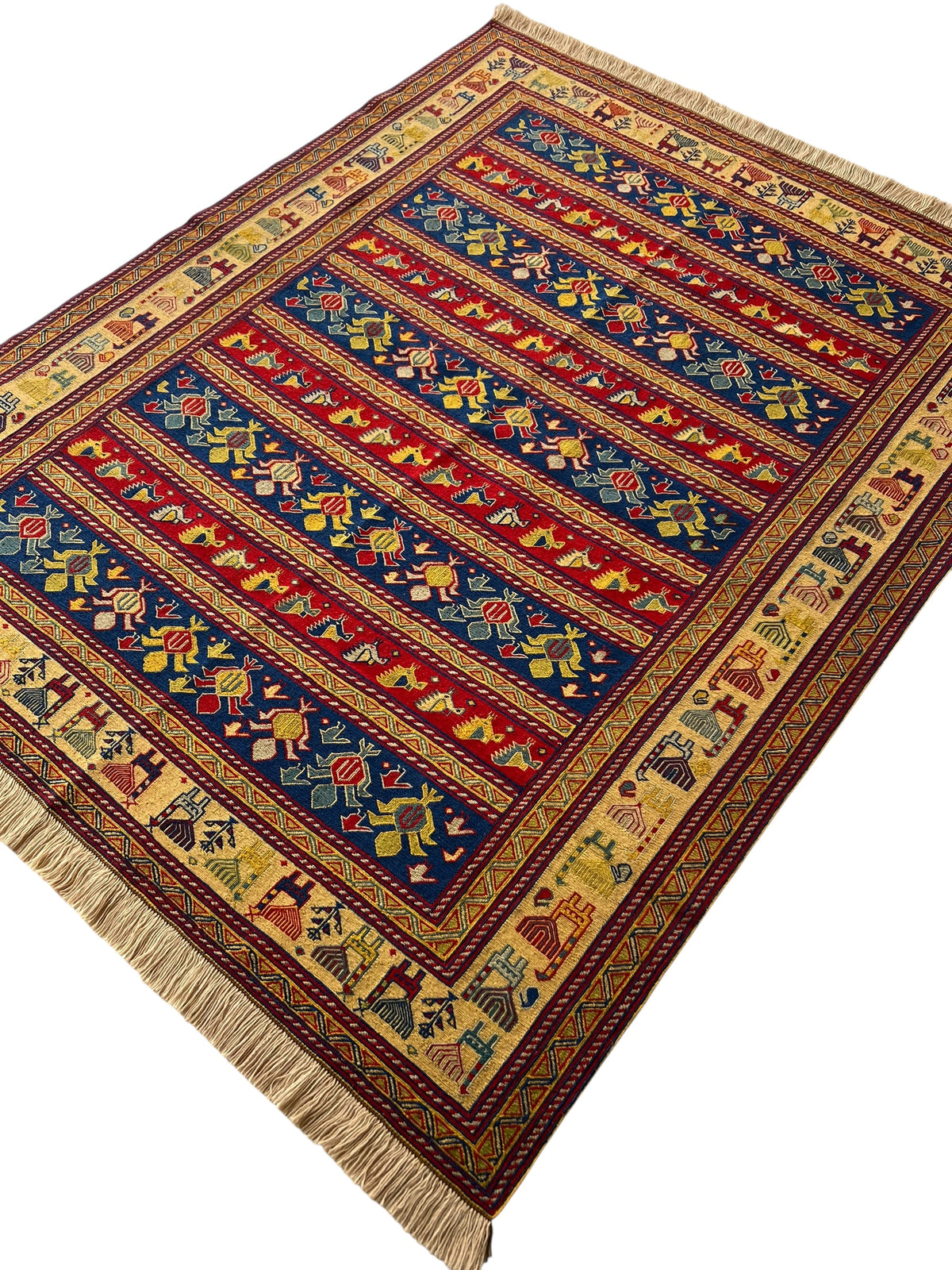 Oriental Rug 5x6 | Navy, Red & Gold | Flatweave Wool
