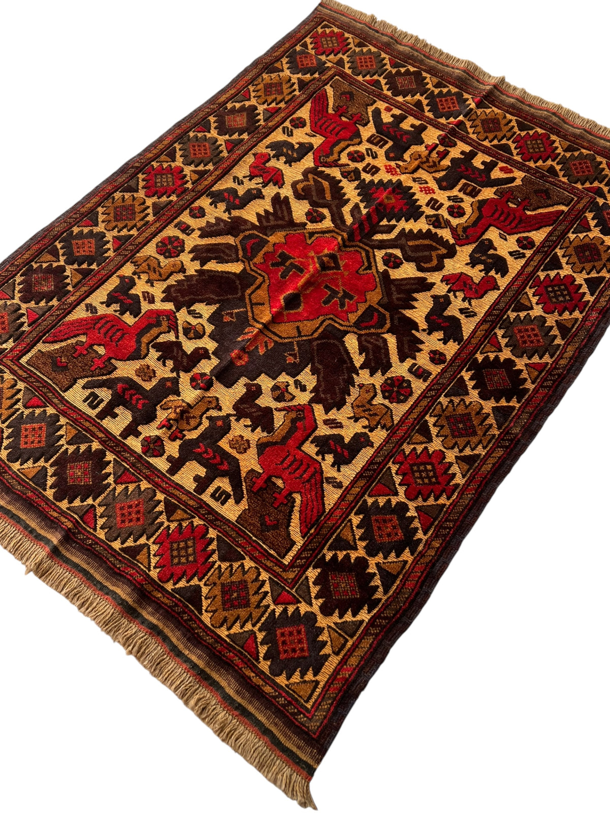 Oriental Rug 4x6 | Gold, Red & Brown | Hand-Knotted Wool
