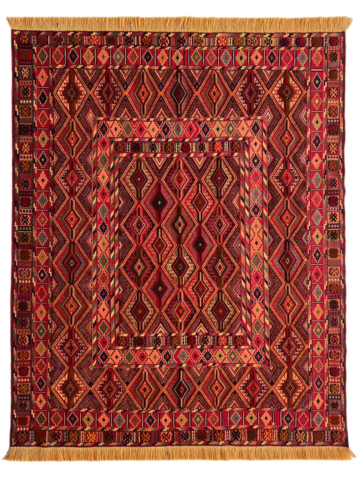 Kilim Rug 5x6 | Red, Burgundy & Orange | Hand-Woven Wool Flatweave