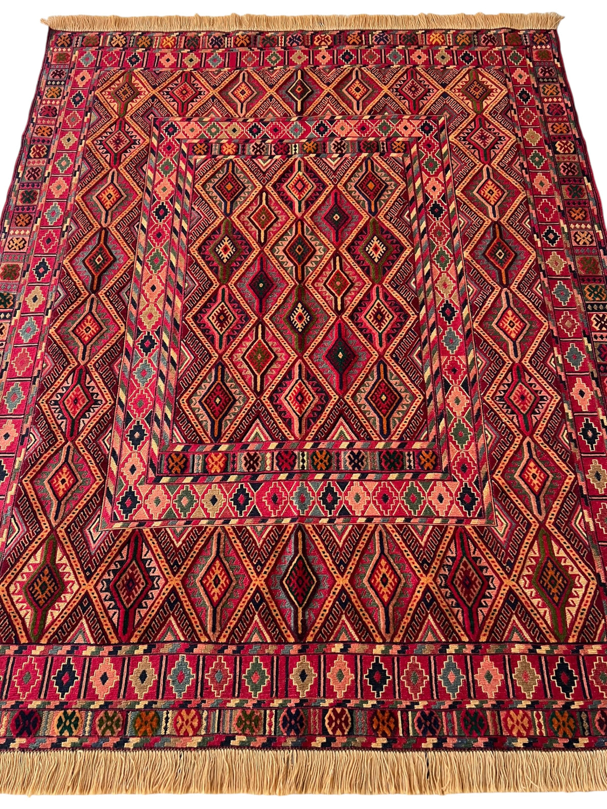 Kilim Rug 5x6 | Red, Burgundy & Orange | Hand-Woven Wool Flatweave