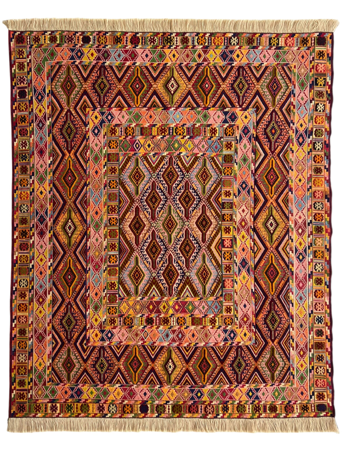 Kilim Rug 5x6 | Burgundy, Gold & Pink | Hand-Woven Wool Flatweave