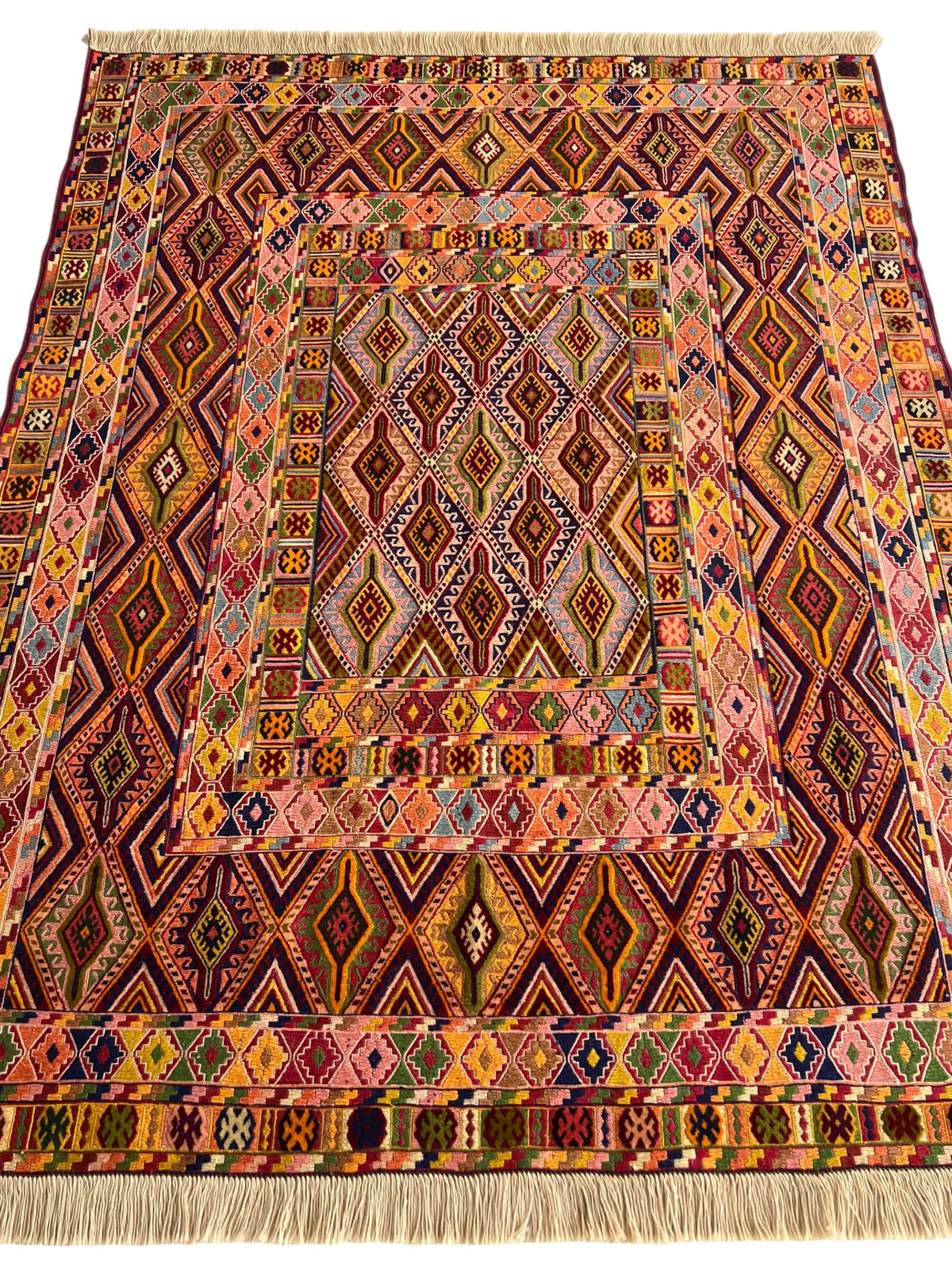 Kilim Rug 5x6 | Burgundy, Gold & Pink | Hand-Woven Wool Flatweave