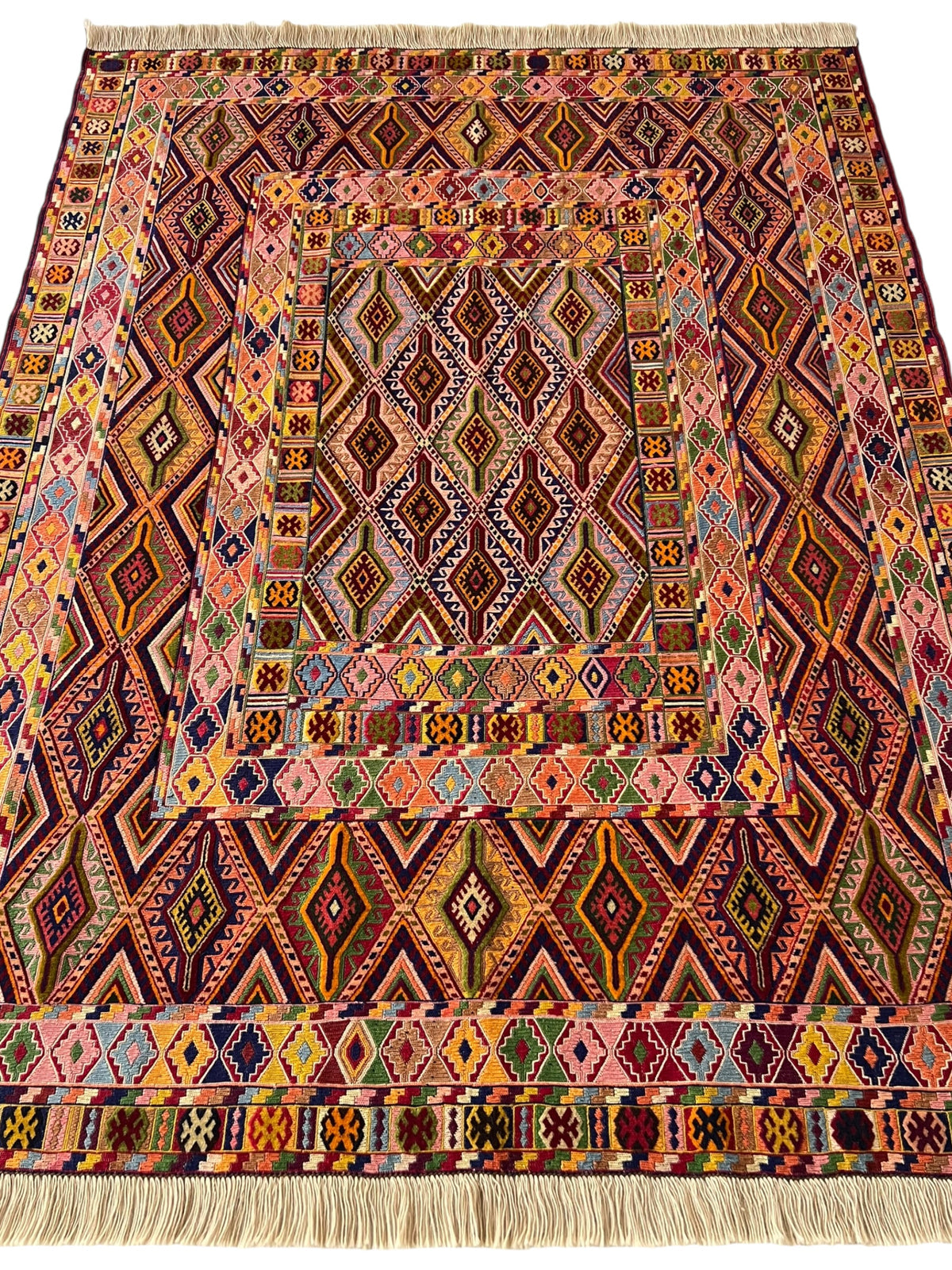 Kilim Rug 5x6 | Burgundy, Gold & Pink | Hand-Woven Wool Flatweave