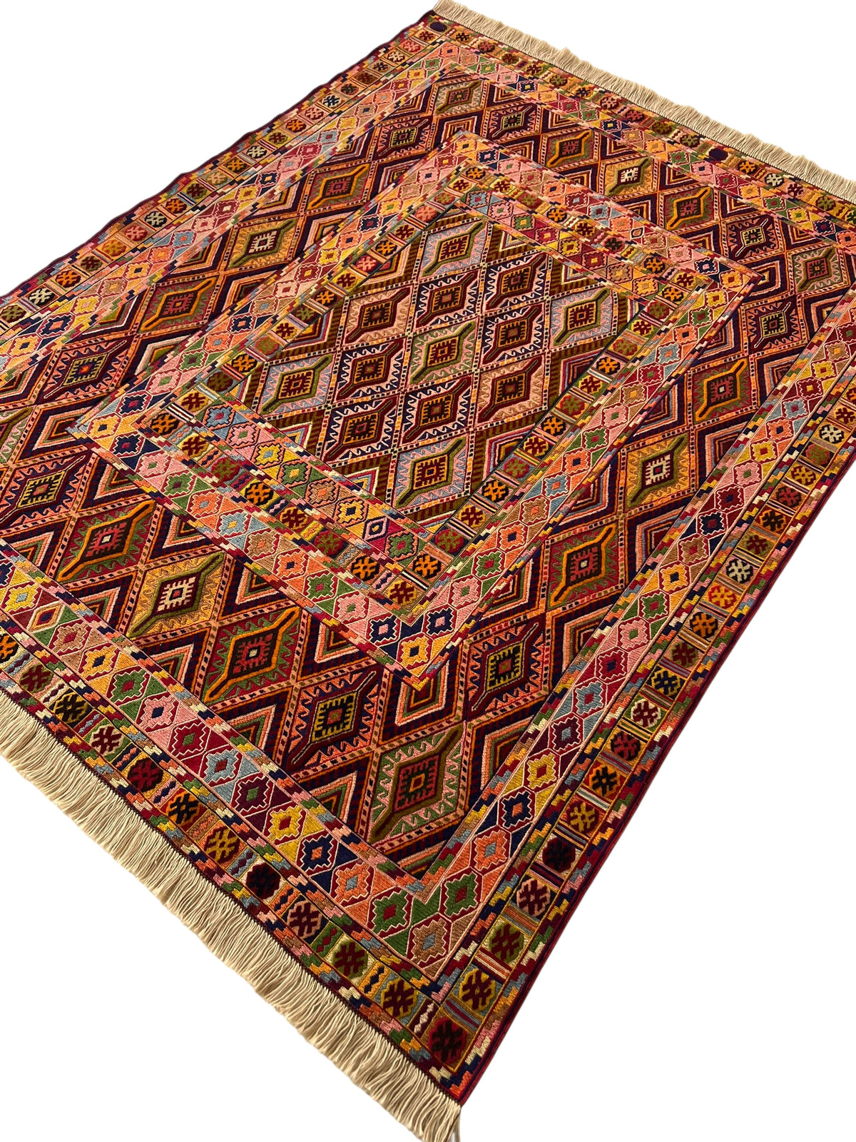 Kilim Rug 5x6 | Burgundy, Gold & Pink | Hand-Woven Wool Flatweave