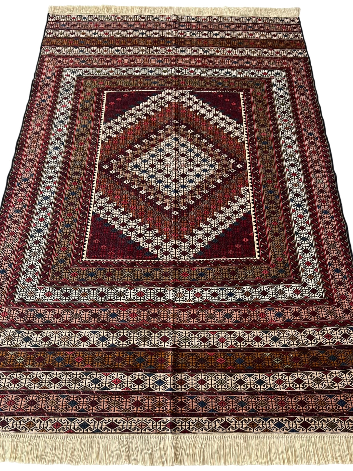 Kilim Rug 4x6 | Burgundy, Ivory & Rust | Hand-Woven Wool Flatweave