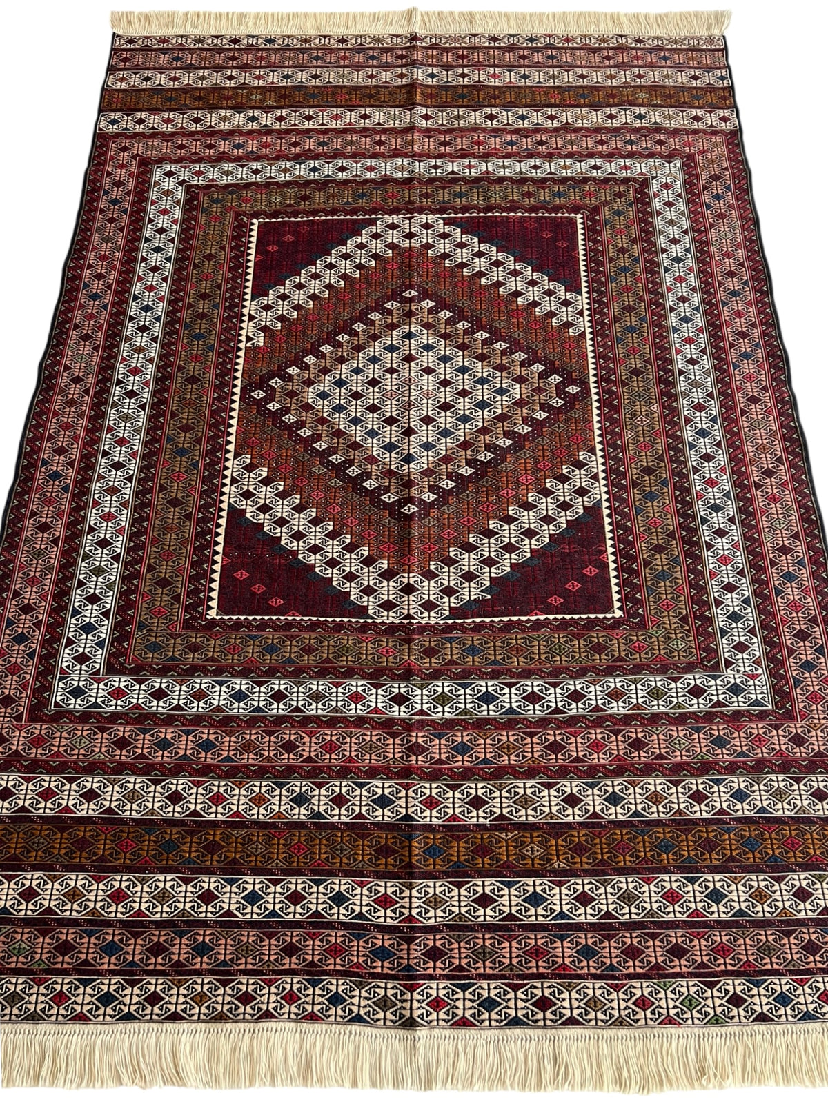 Kilim Rug 4x6 | Burgundy, Ivory & Rust | Hand-Woven Wool Flatweave
