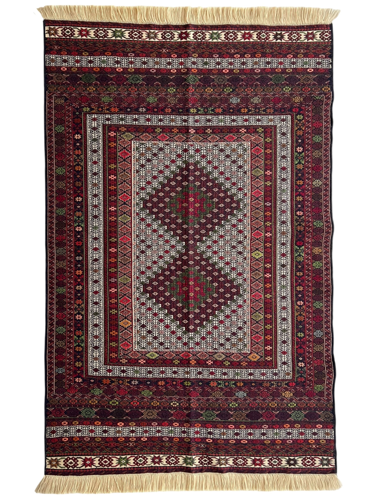 Kilim Rug 4x7 | Burgundy, Ivory & Red | Hand-Woven Wool Flatweave