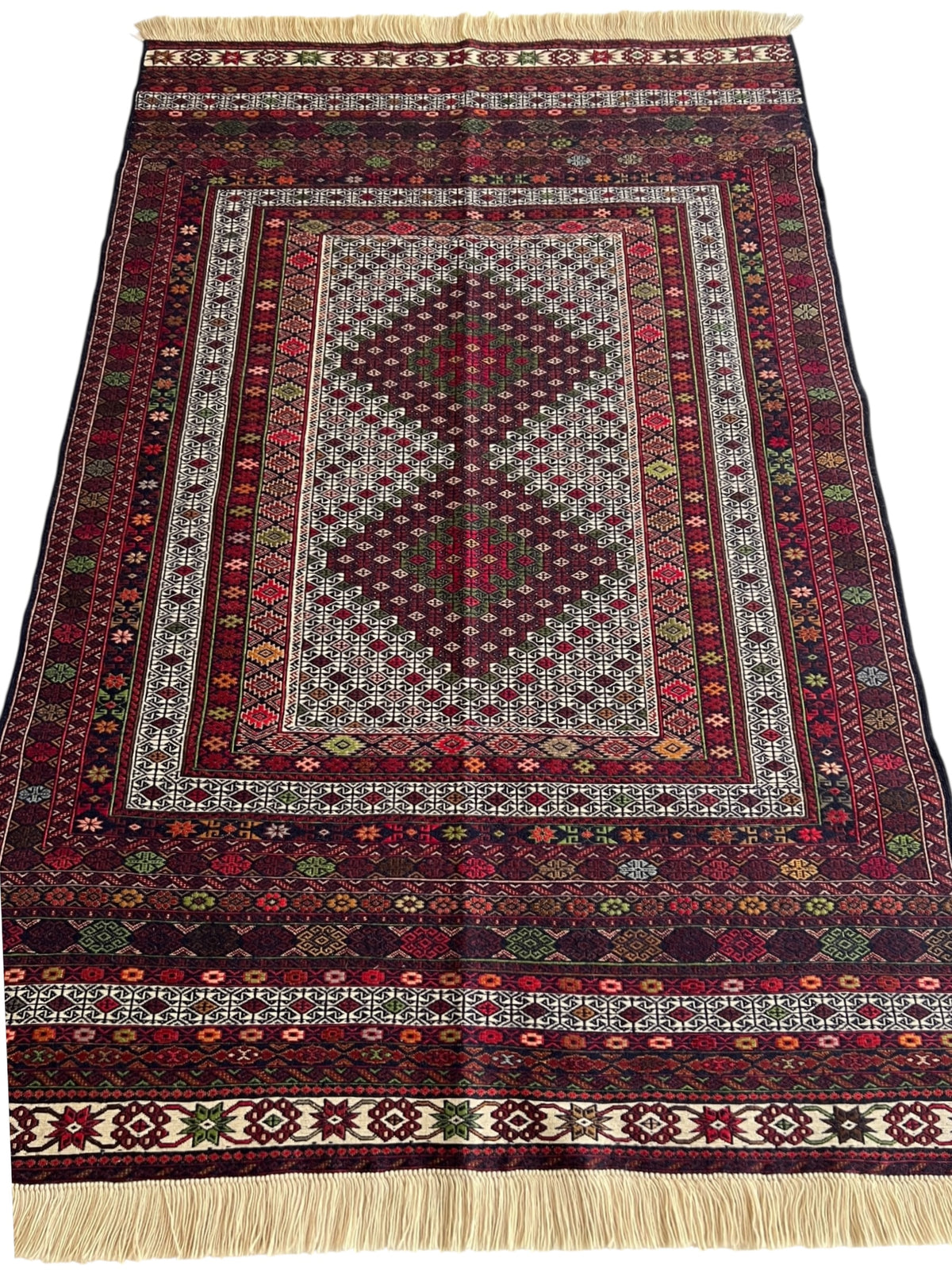 Kilim Rug 4x7 | Burgundy, Ivory & Red | Hand-Woven Wool Flatweave