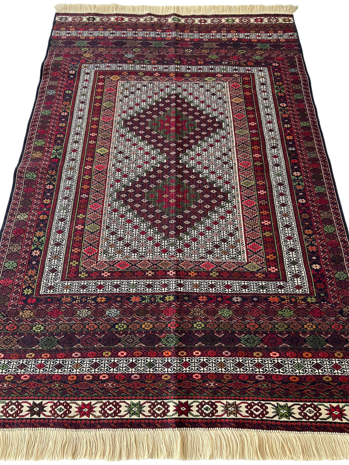 Kilim Rug 4x7 | Burgundy, Ivory & Red | Hand-Woven Wool Flatweave