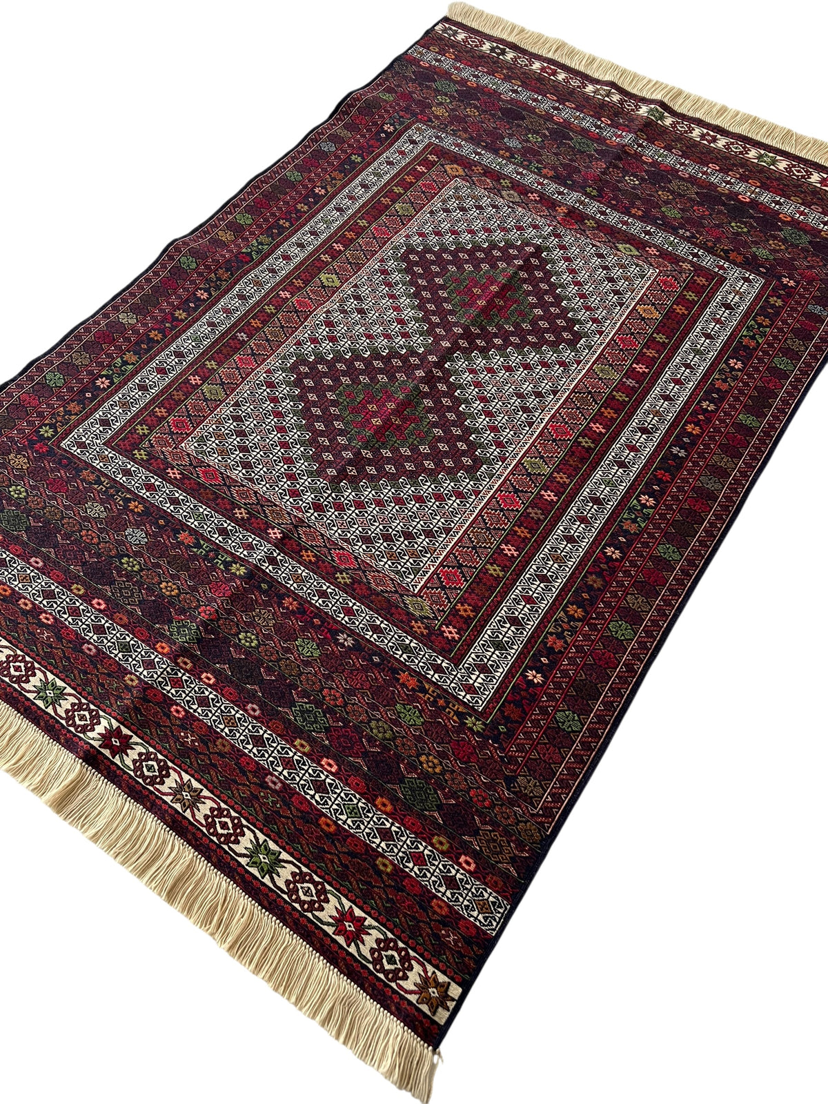 Kilim Rug 4x7 | Burgundy, Ivory & Red | Hand-Woven Wool Flatweave