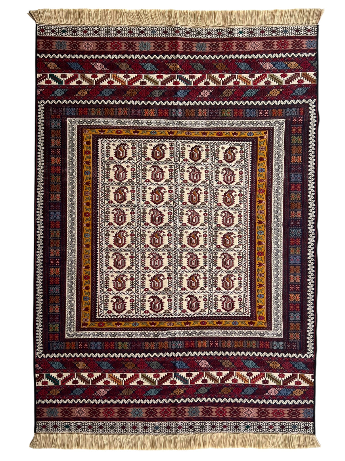 Kilim Rug 4x6 | Burgundy, Ivory & Gold | Hand-Woven Wool Flatweave