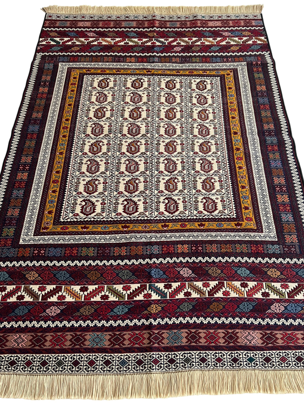 Kilim Rug 4x6 | Burgundy, Ivory & Gold | Hand-Woven Wool Flatweave
