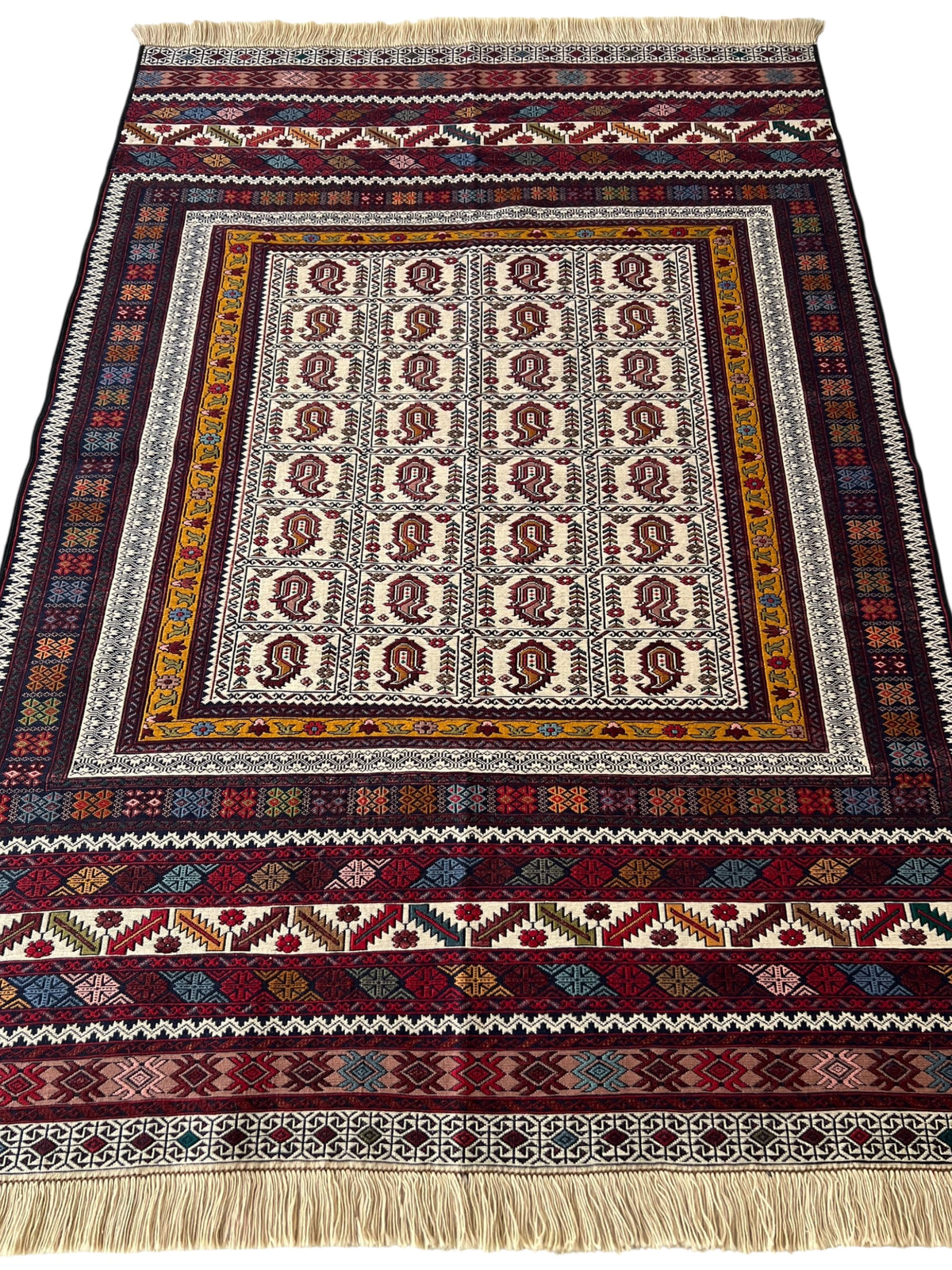Kilim Rug 4x6 | Burgundy, Ivory & Gold | Hand-Woven Wool Flatweave