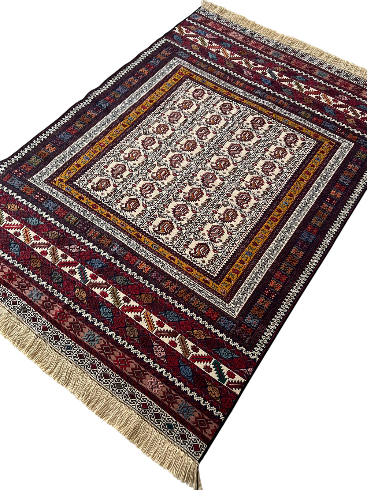 Kilim Rug 4x6 | Burgundy, Ivory & Gold | Hand-Woven Wool Flatweave