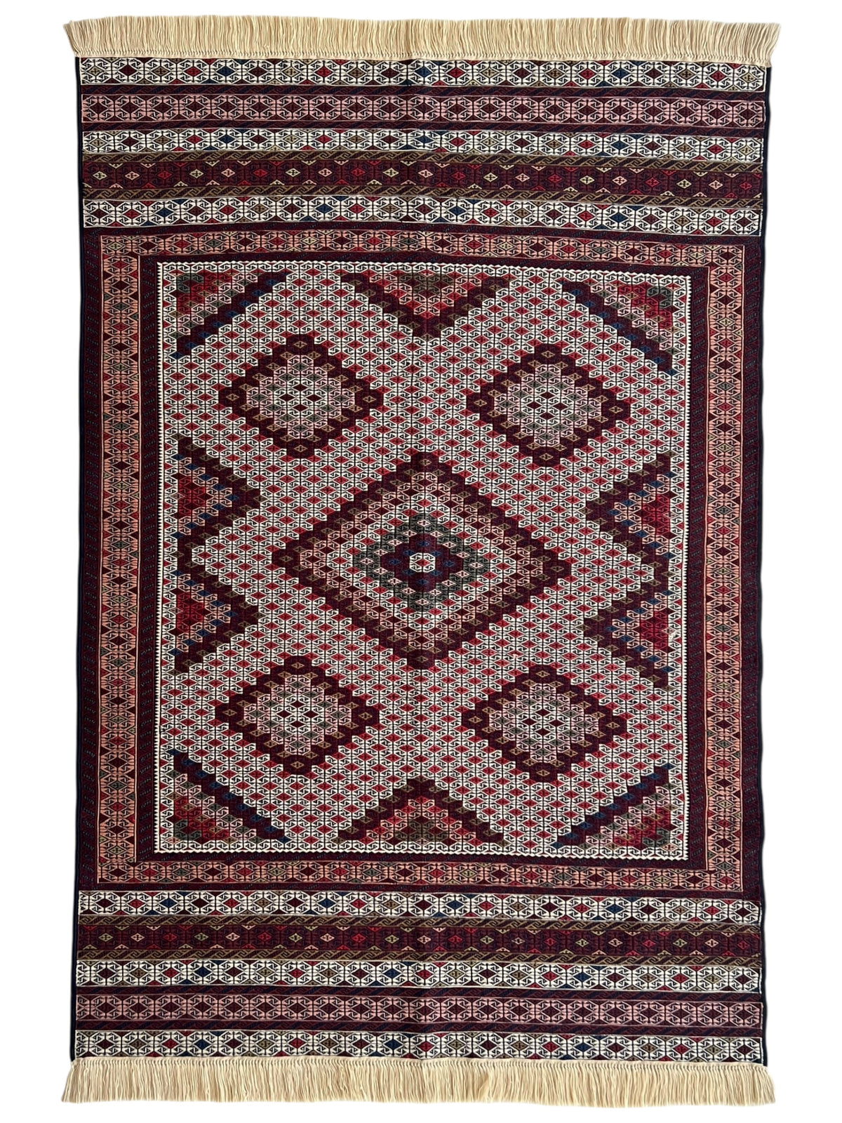 Kilim Rug 4x6 | Ivory, Burgundy & Red | Hand-Woven Wool Flatweave