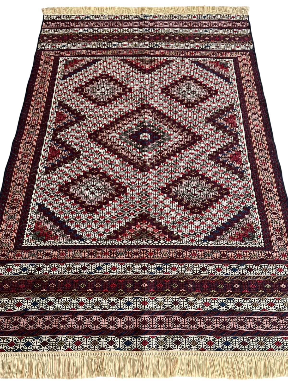 Kilim Rug 4x6 | Ivory, Burgundy & Red | Hand-Woven Wool Flatweave