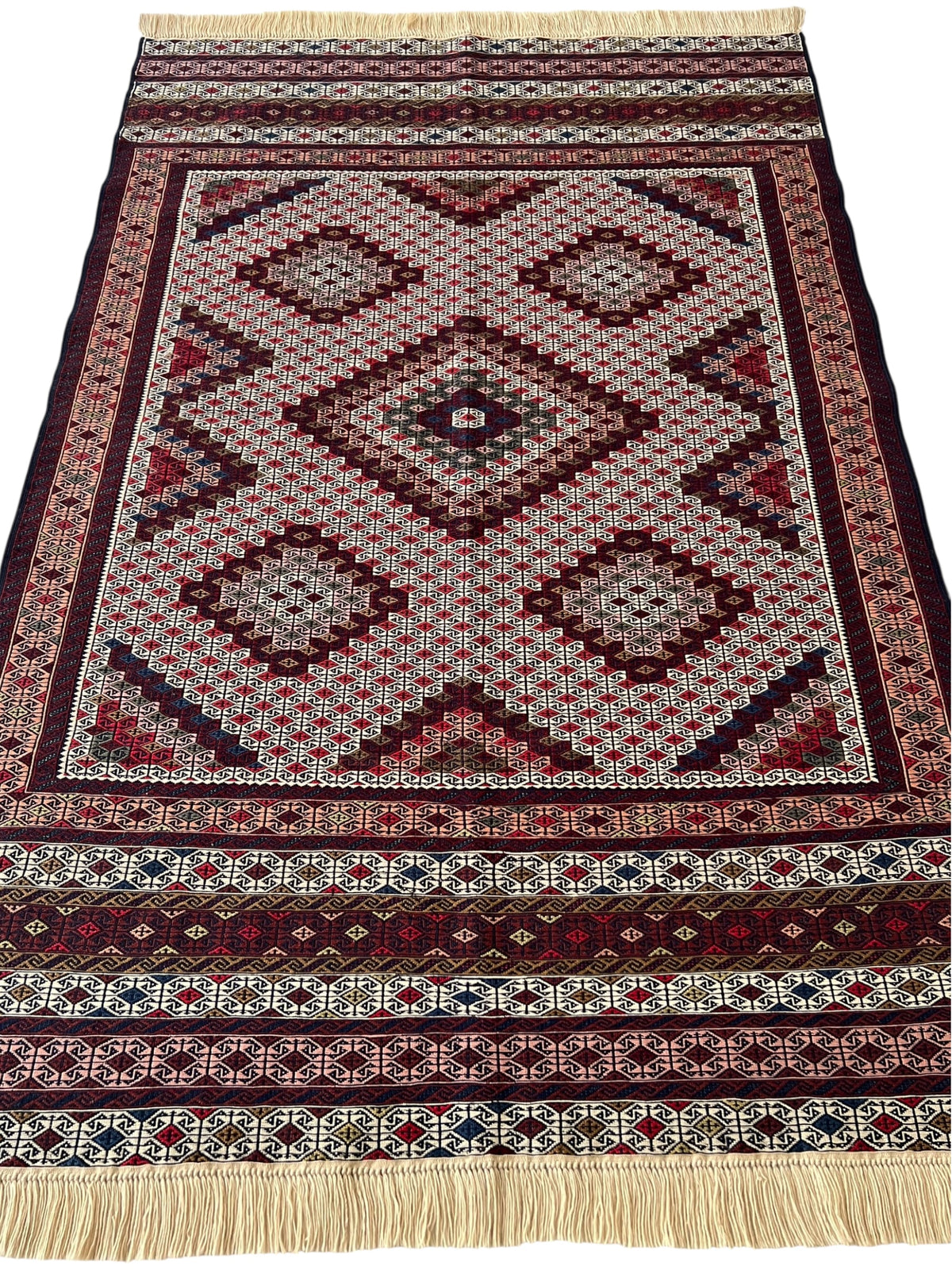 Kilim Rug 4x6 | Ivory, Burgundy & Red | Hand-Woven Wool Flatweave