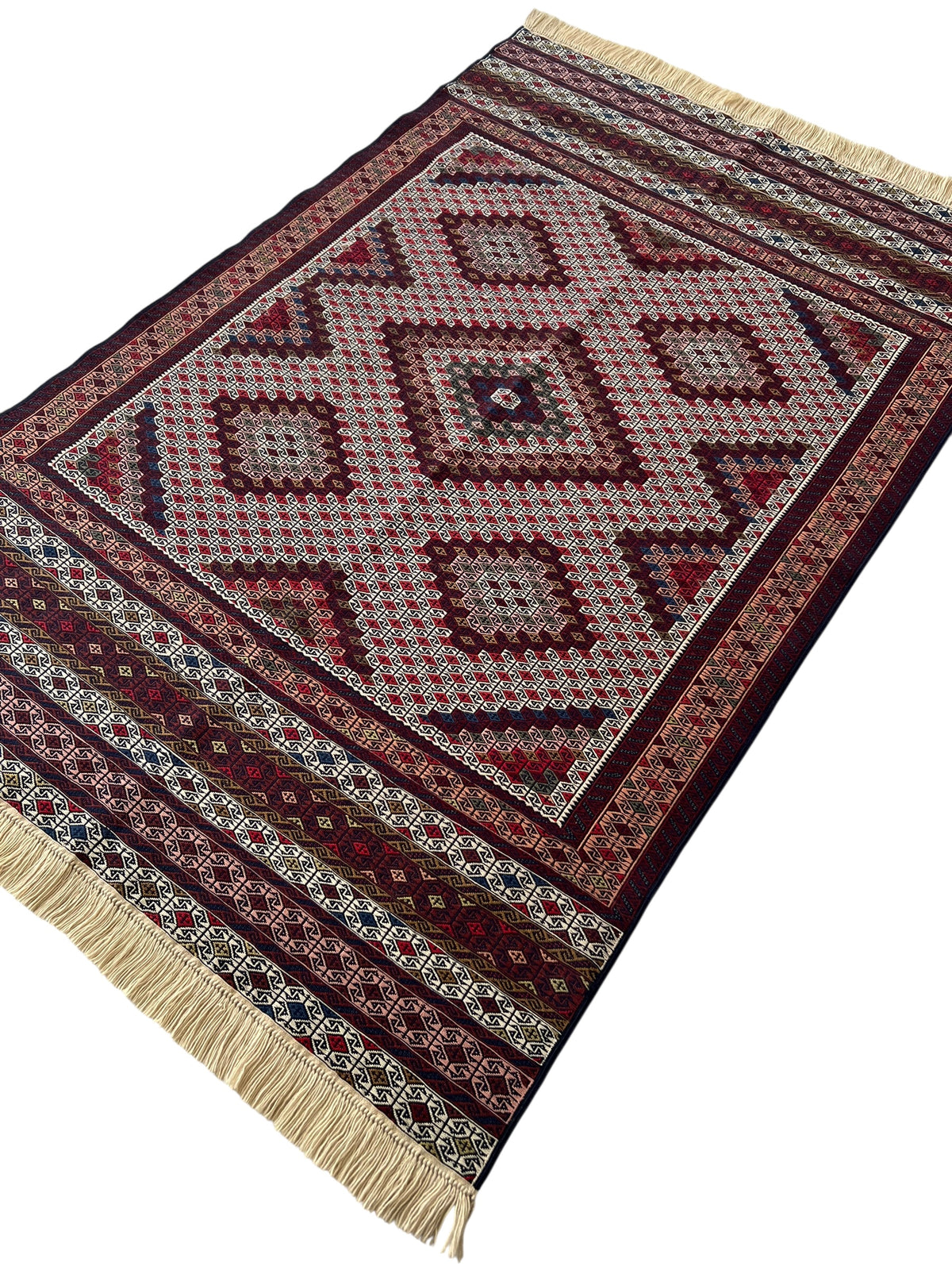 Kilim Rug 4x6 | Ivory, Burgundy & Red | Hand-Woven Wool Flatweave