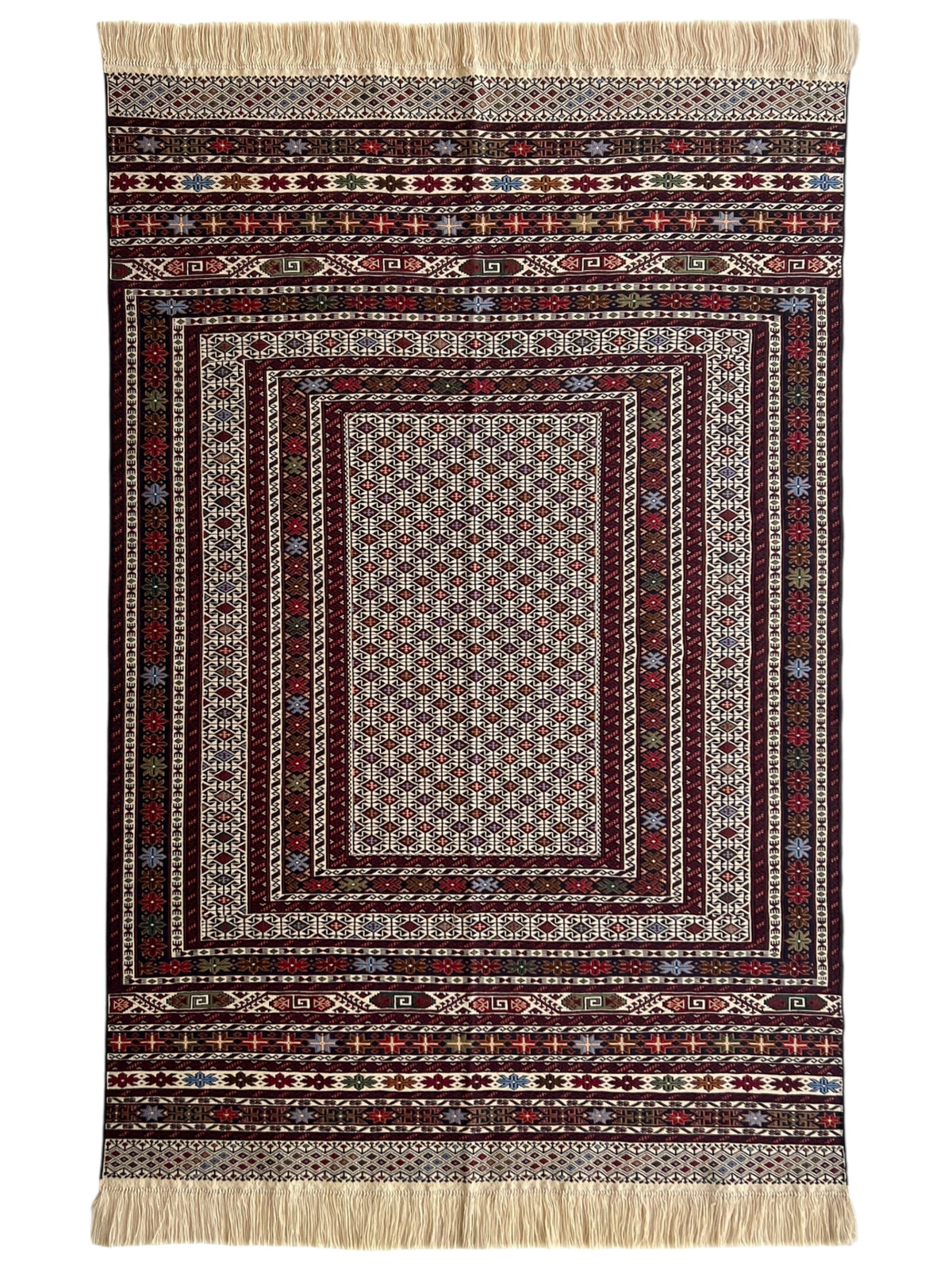 Kilim Rug 4x6 | Burgundy, Ivory & Gray | Hand-Woven Wool Flatweave