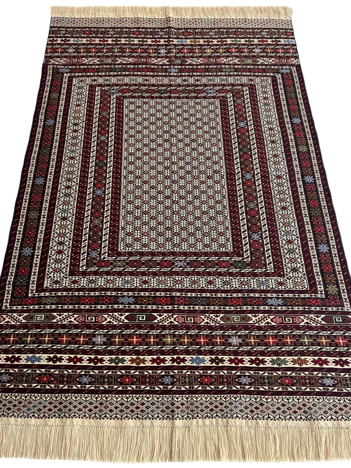 Kilim Rug 4x6 | Burgundy, Ivory & Gray | Hand-Woven Wool Flatweave