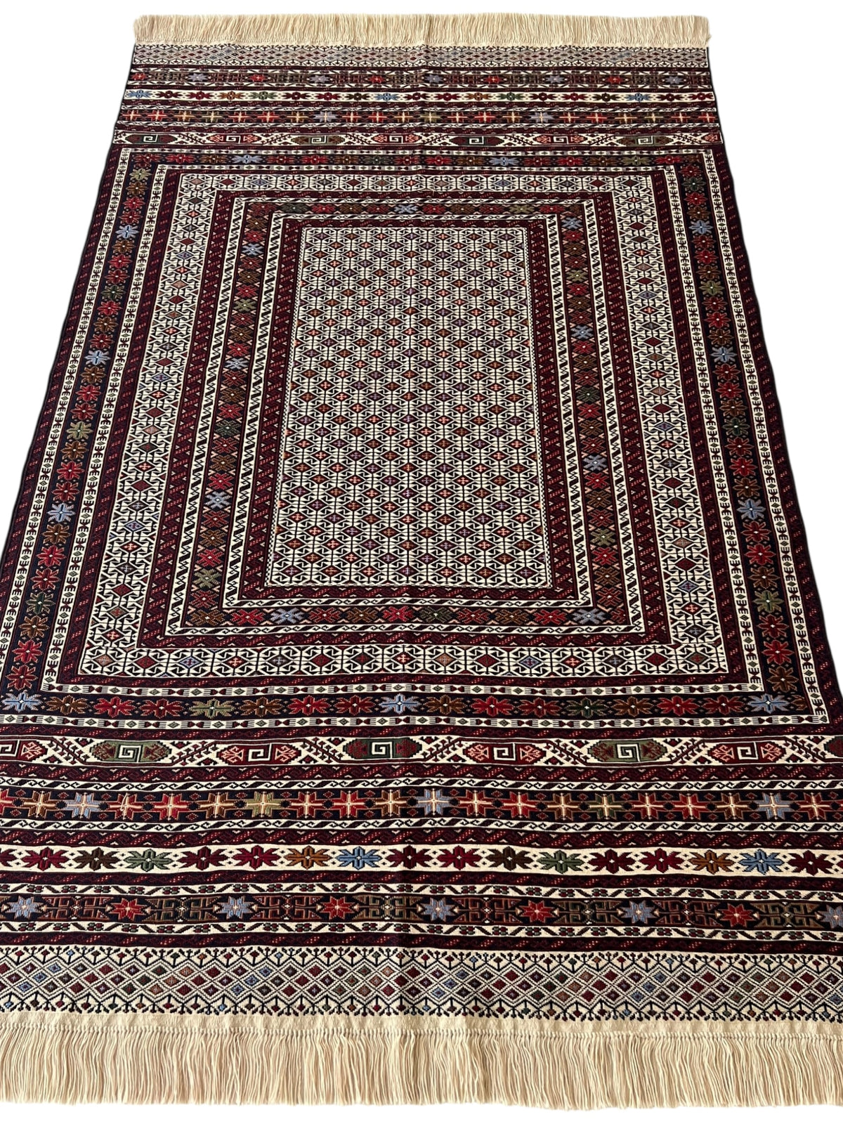 Kilim Rug 4x6 | Burgundy, Ivory & Gray | Hand-Woven Wool Flatweave