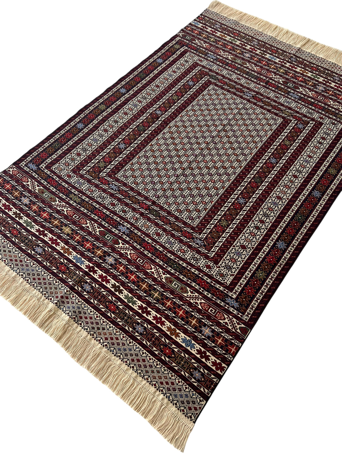 Kilim Rug 4x6 | Burgundy, Ivory & Gray | Hand-Woven Wool Flatweave