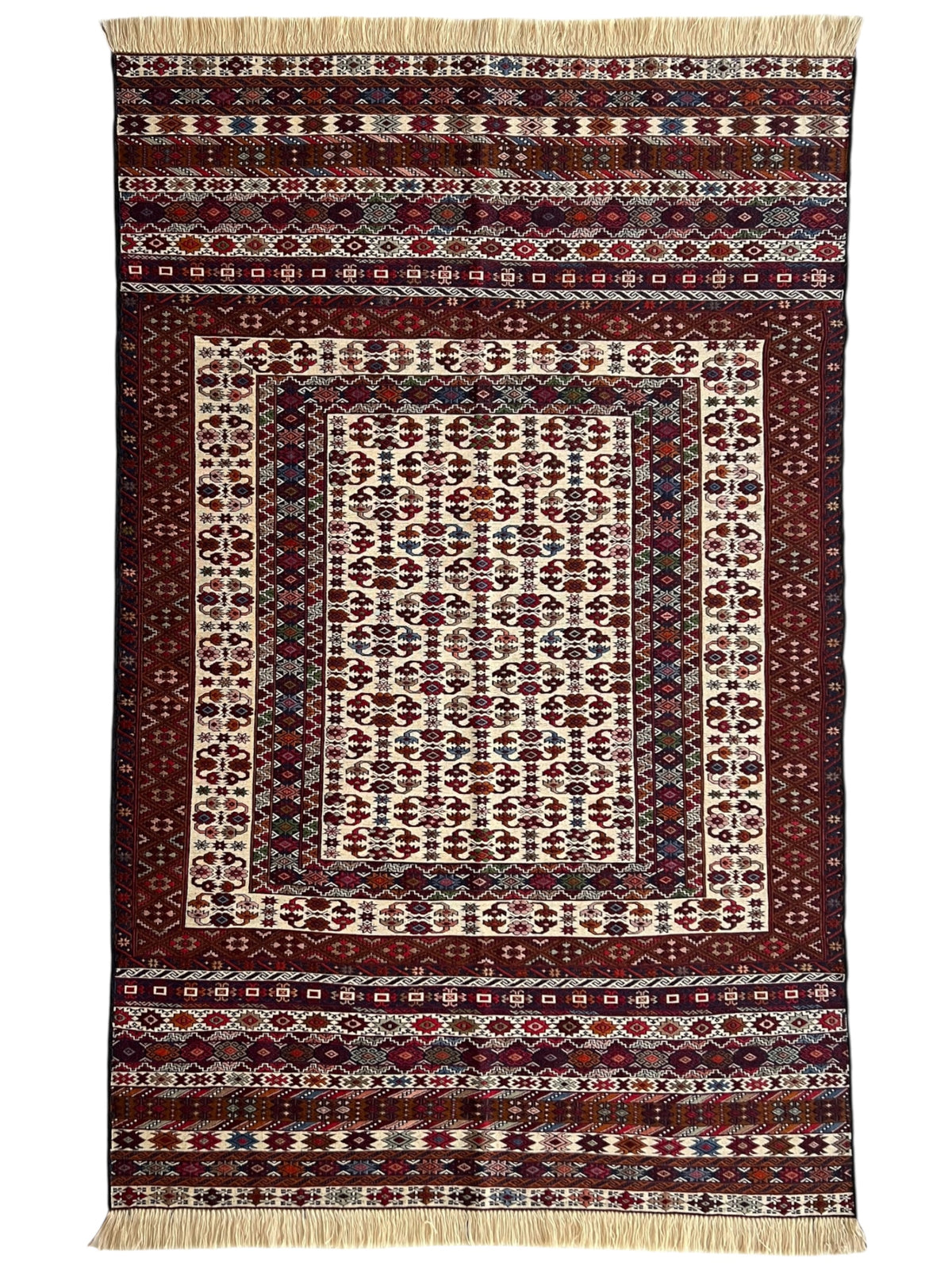 Kilim Tribal Rug 4x7 | Burgundy, Ivory, Red & Navy | Hand-Woven Wool Flatweave