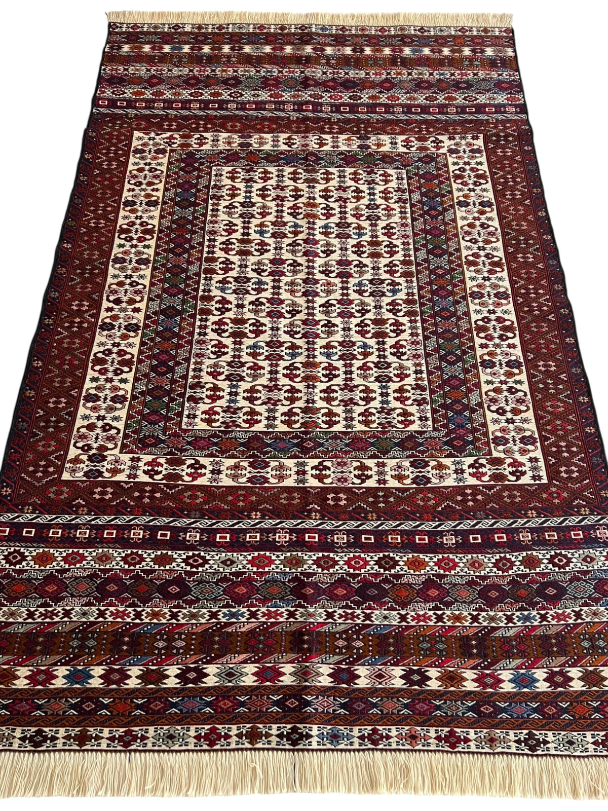 Kilim Tribal Rug 4x7 | Burgundy, Ivory, Red & Navy | Hand-Woven Wool Flatweave