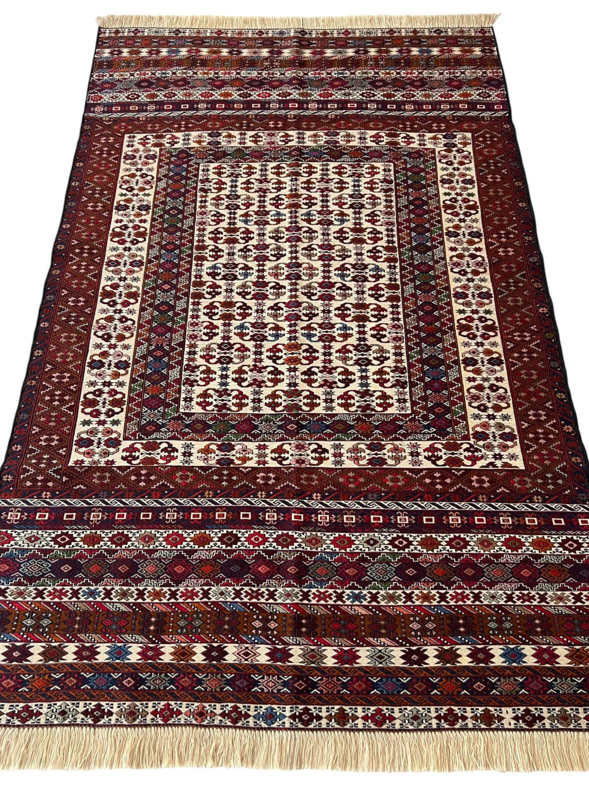 Kilim Tribal Rug 4x7 | Burgundy, Ivory, Red & Navy | Hand-Woven Wool Flatweave