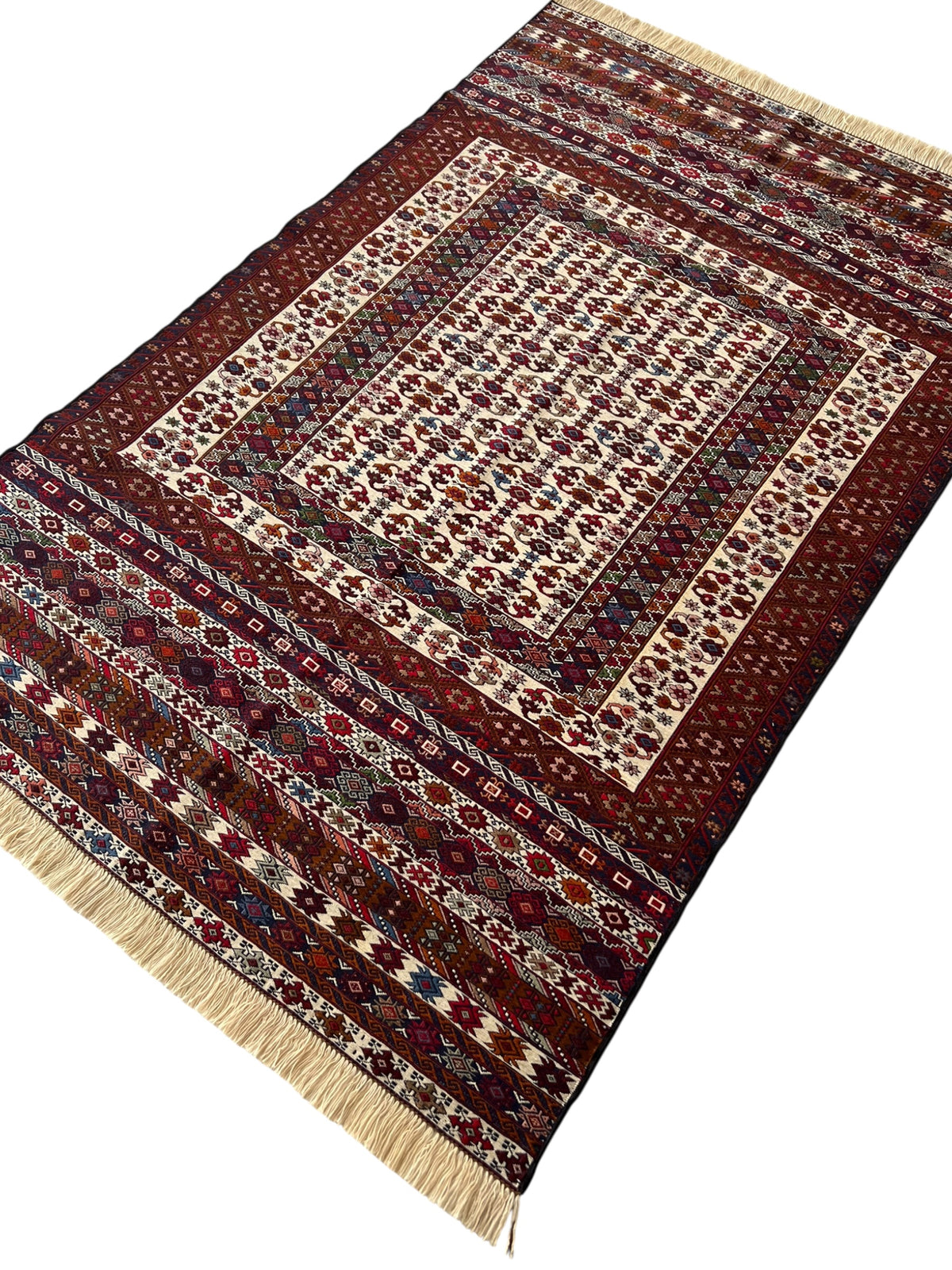 Kilim Tribal Rug 4x7 | Burgundy, Ivory, Red & Navy | Hand-Woven Wool Flatweave