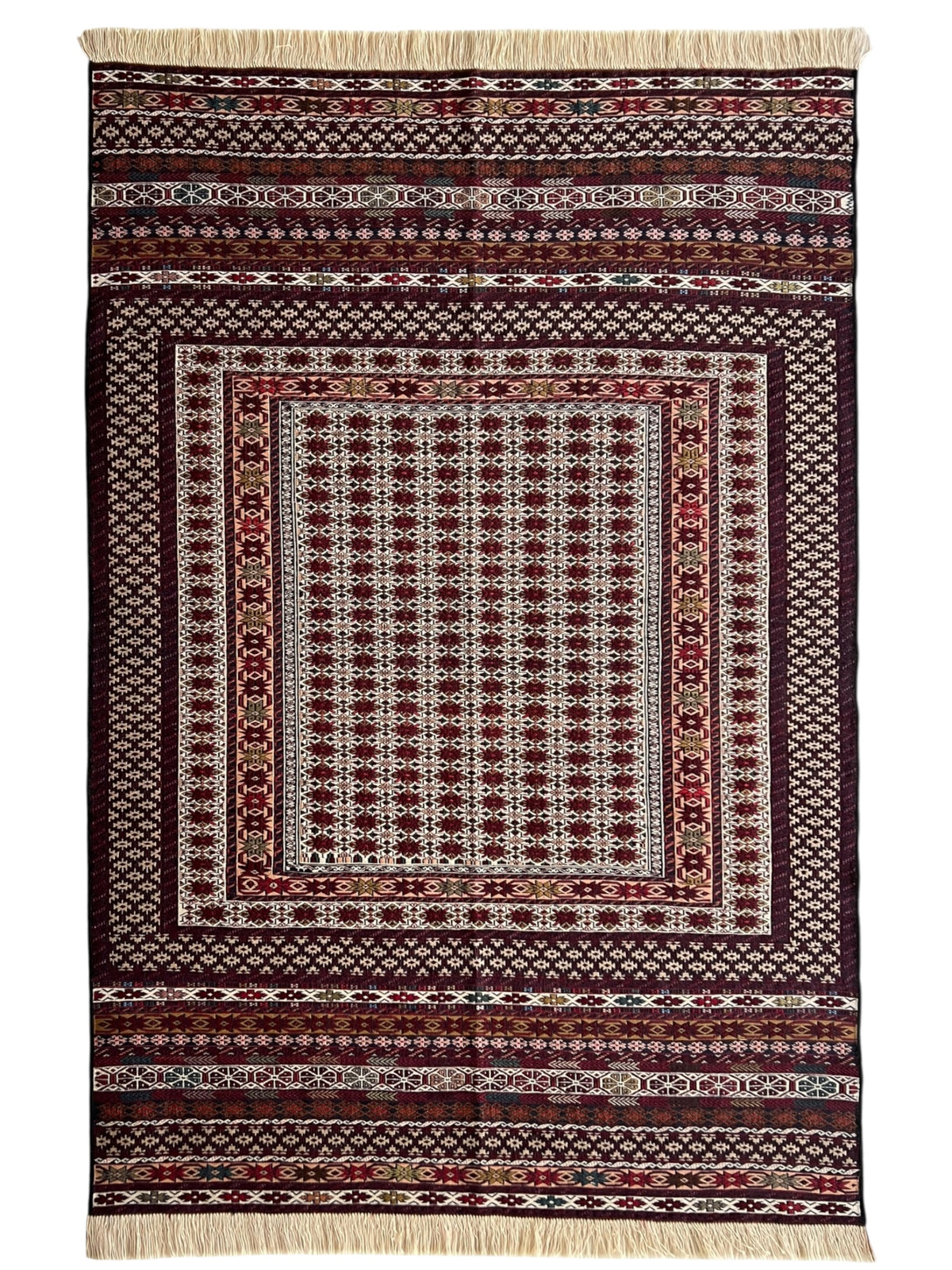 Kilim Rug 4x7 | Burgundy, Ivory & Red | Hand-Woven Wool Flatweave