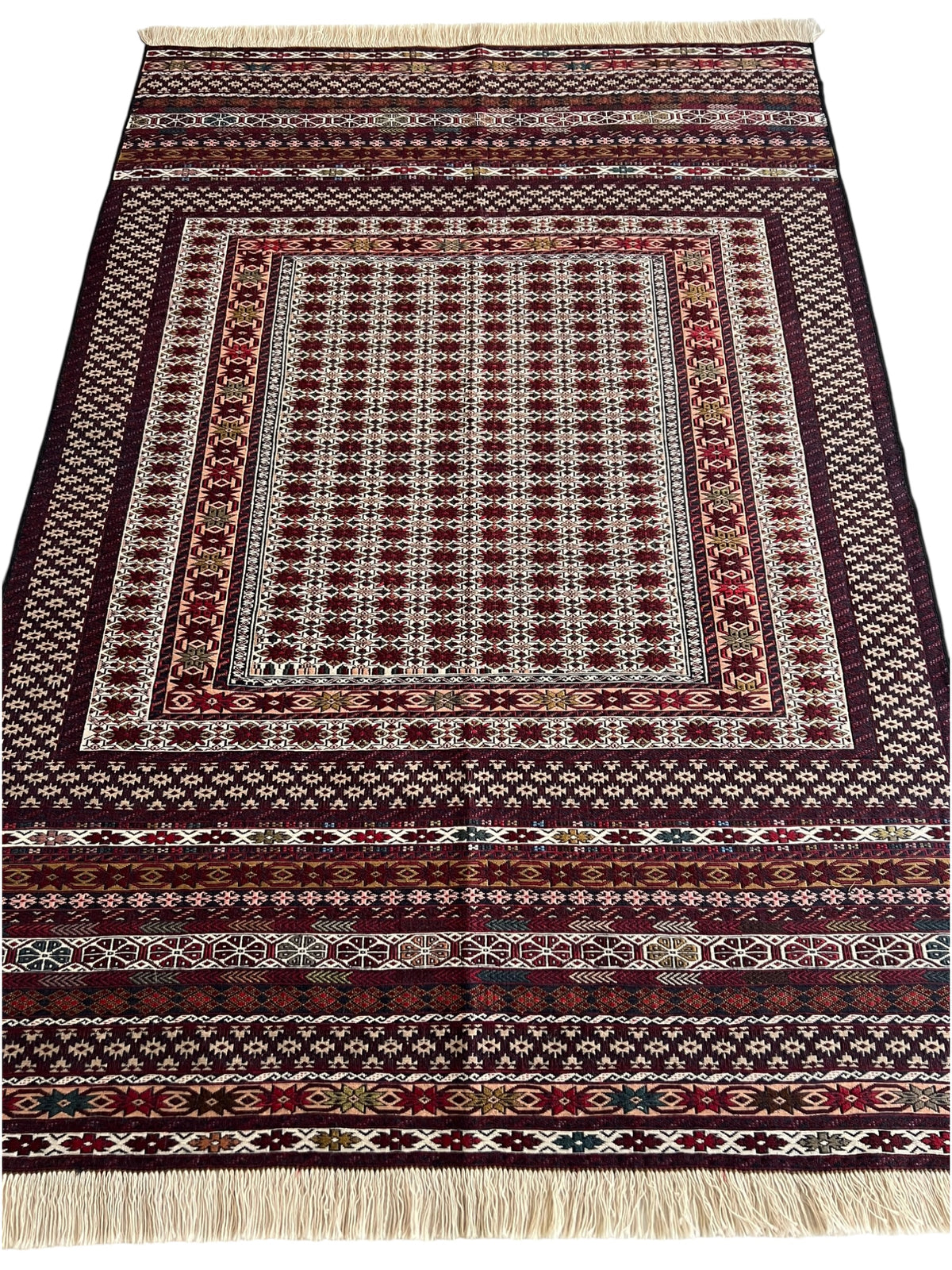Kilim Rug 4x7 | Burgundy, Ivory & Red | Hand-Woven Wool Flatweave