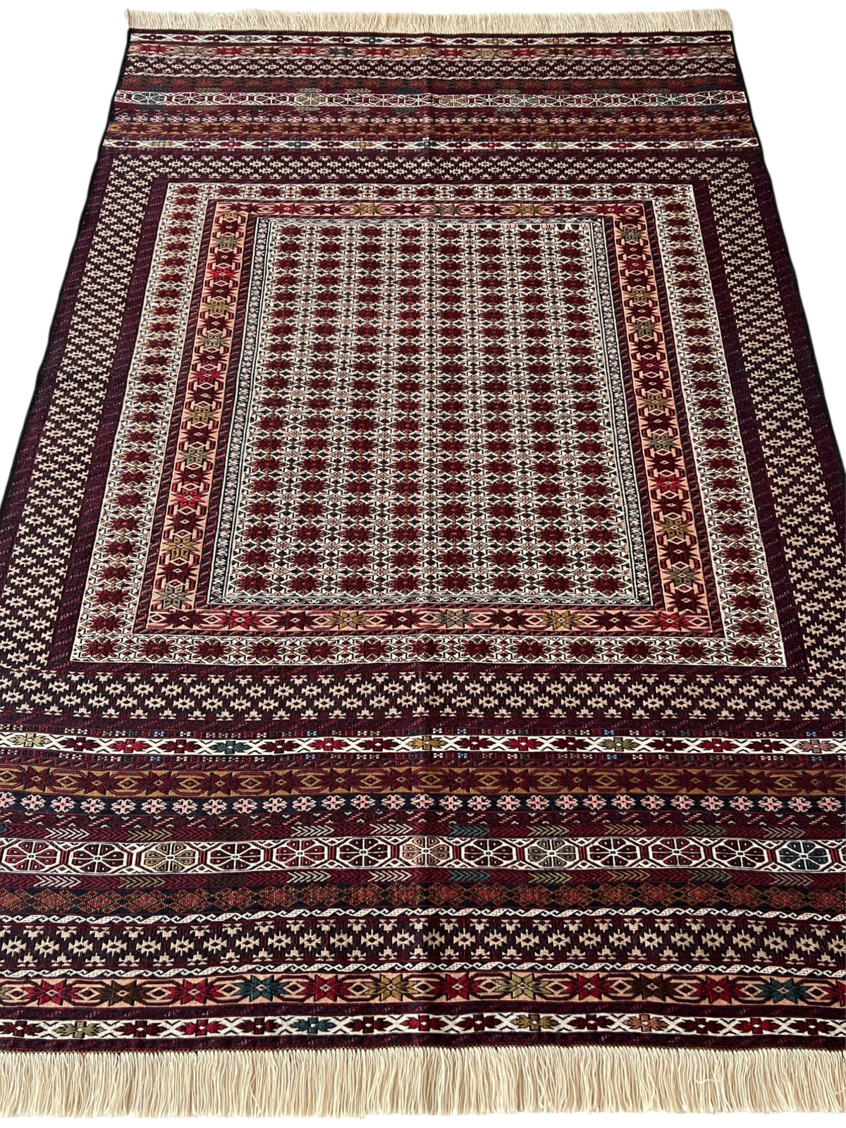 Kilim Rug 4x7 | Burgundy, Ivory & Red | Hand-Woven Wool Flatweave