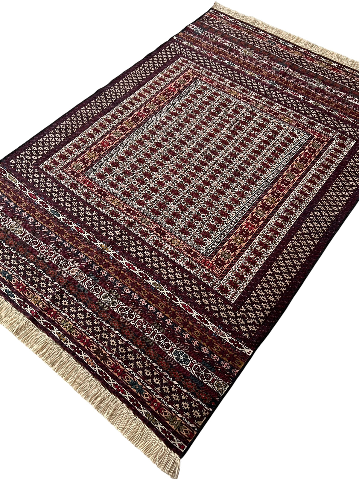 Kilim Rug 4x7 | Burgundy, Ivory & Red | Hand-Woven Wool Flatweave