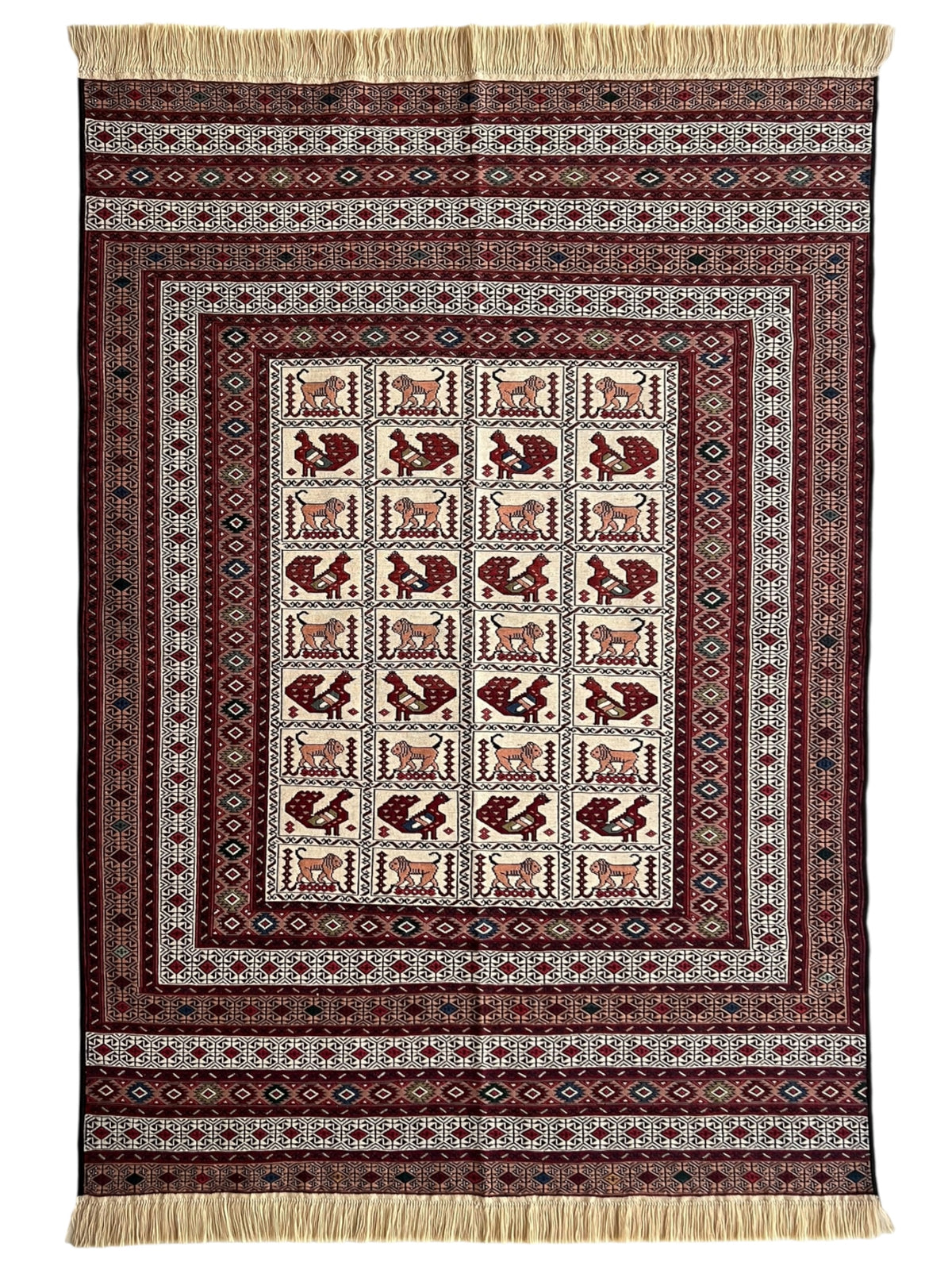 Kilim Rug 5x6 | Burgundy, Ivory & Red | Hand-Woven Wool Flatweave