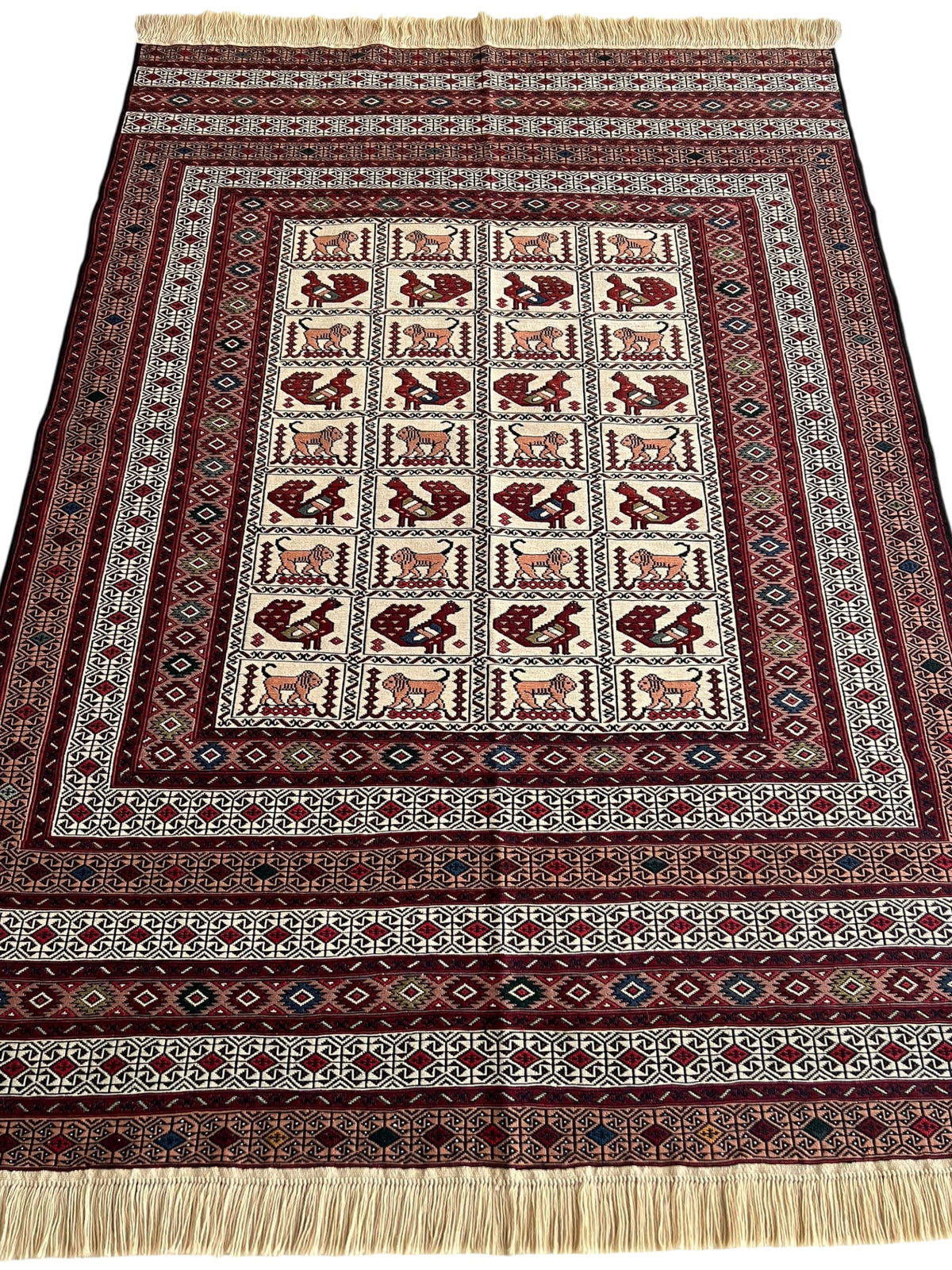 Kilim Rug 5x6 | Burgundy, Ivory & Red | Hand-Woven Wool Flatweave