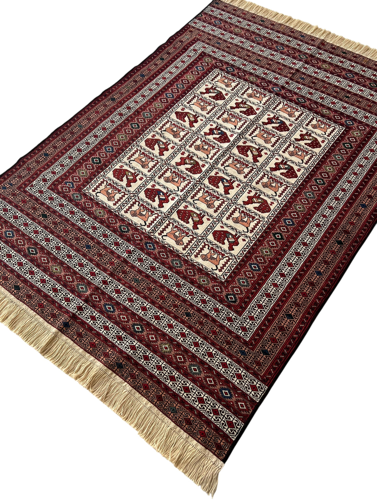 Kilim Rug 5x6 | Burgundy, Ivory & Red | Hand-Woven Wool Flatweave