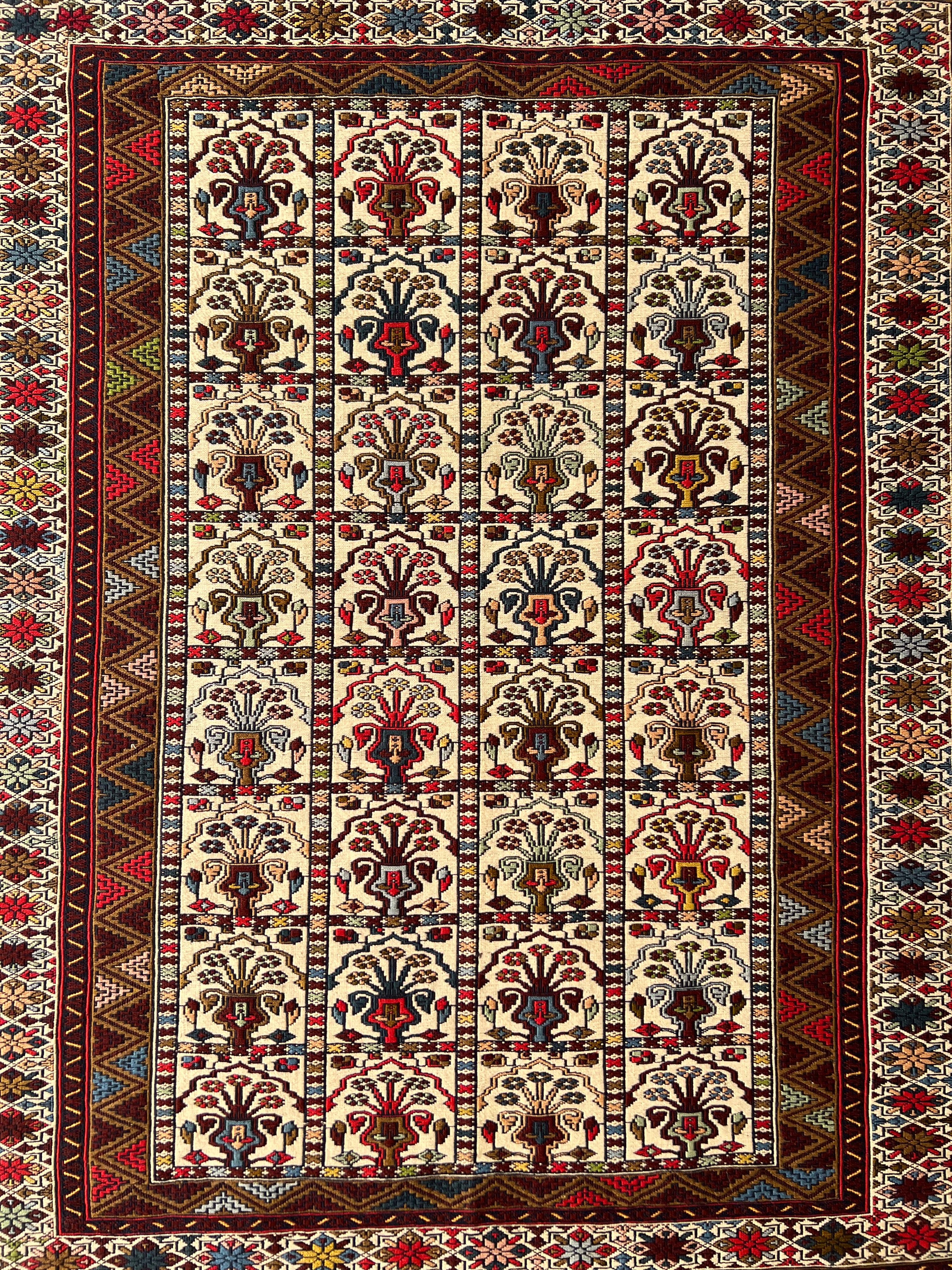 Kilim Tribal Rug 4x7 | Ivory, Brown, Burgundy & Red | Hand-Woven Wool Flatweave