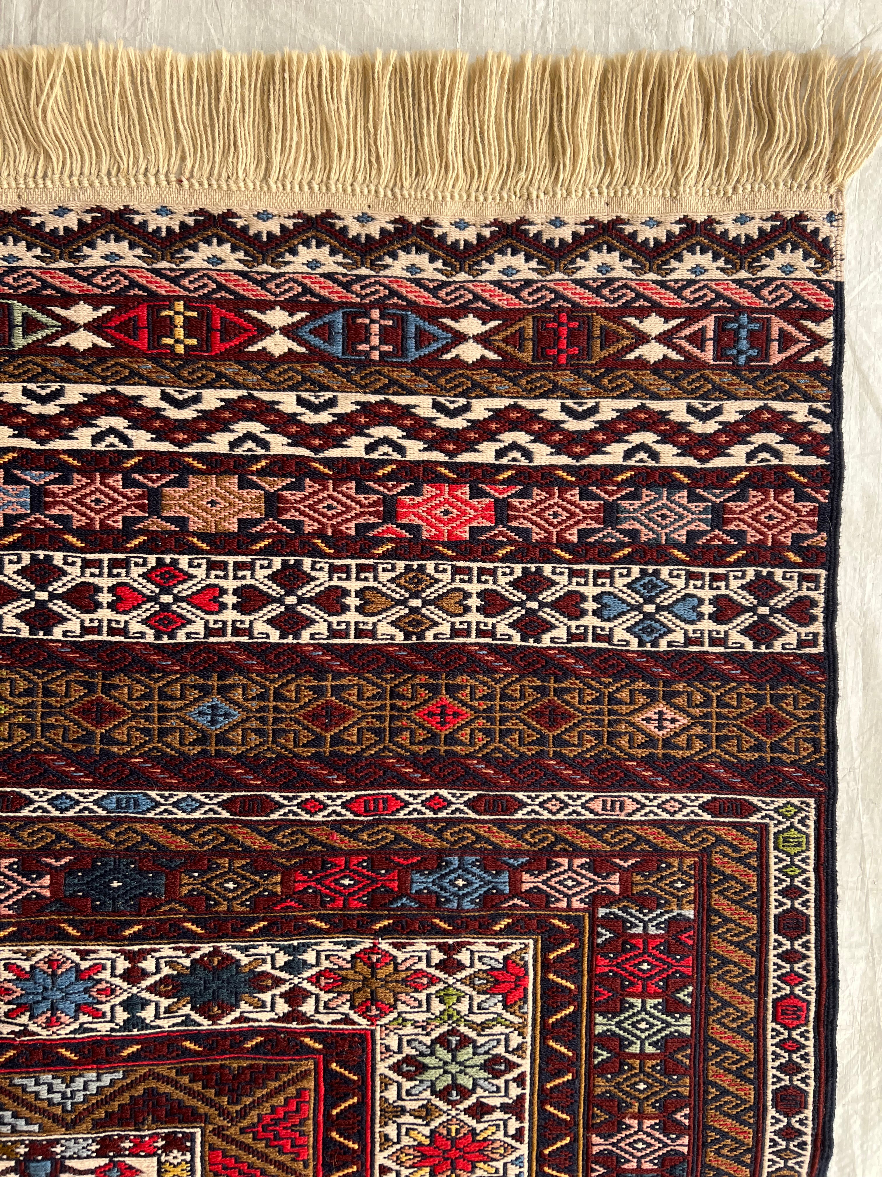 Kilim Tribal Rug 4x7 | Ivory, Brown, Burgundy & Red | Hand-Woven Wool Flatweave