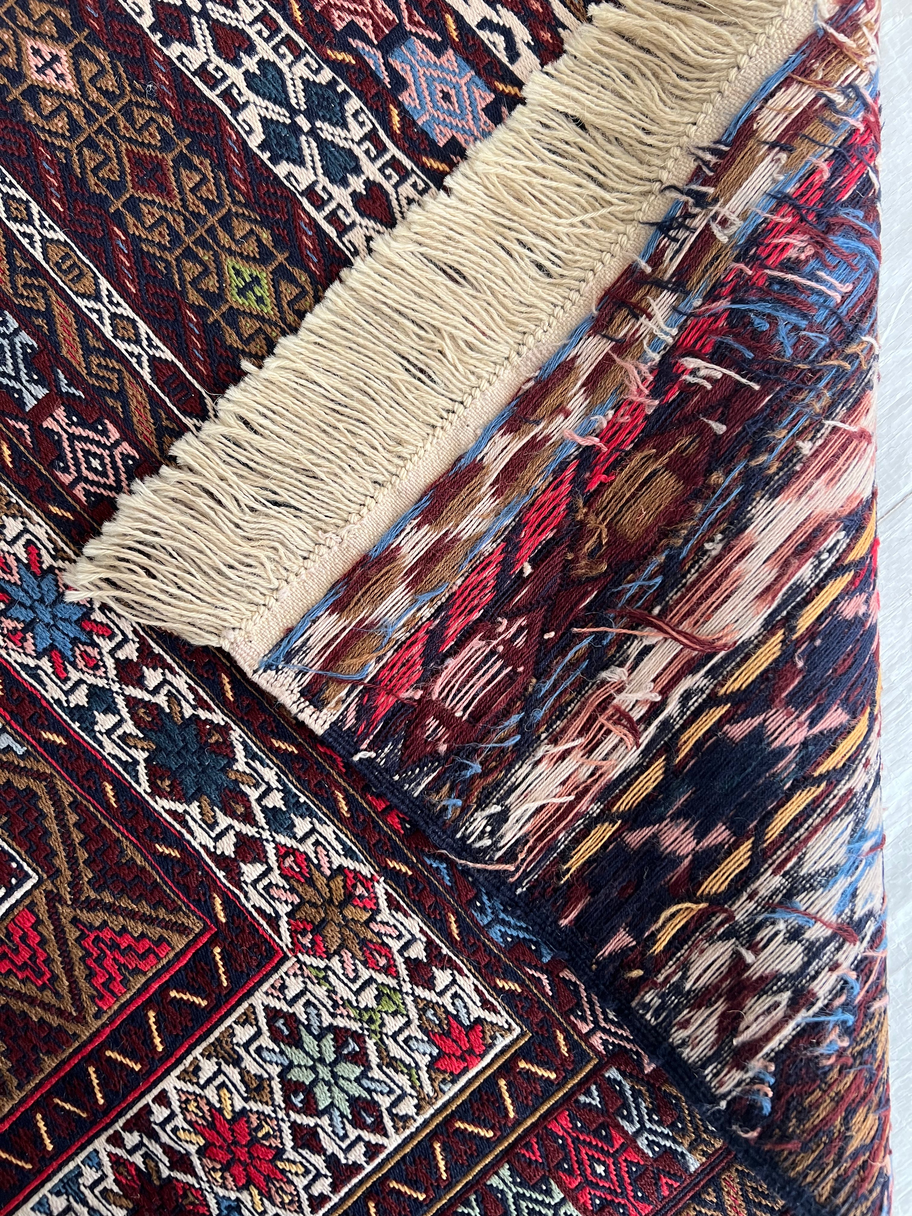 Kilim Tribal Rug 4x7 | Ivory, Brown, Burgundy & Red | Hand-Woven Wool Flatweave