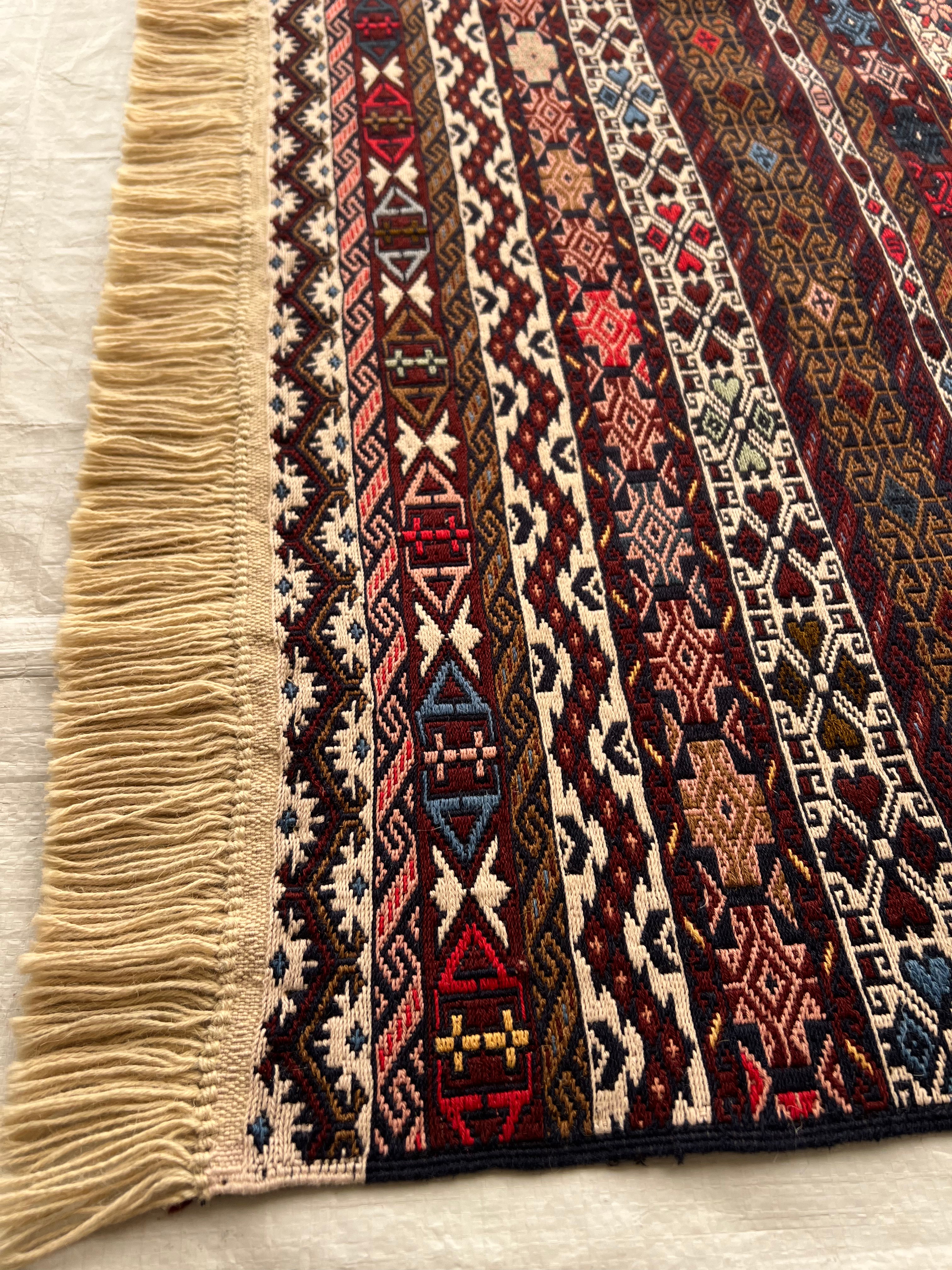 Kilim Tribal Rug 4x7 | Ivory, Brown, Burgundy & Red | Hand-Woven Wool Flatweave