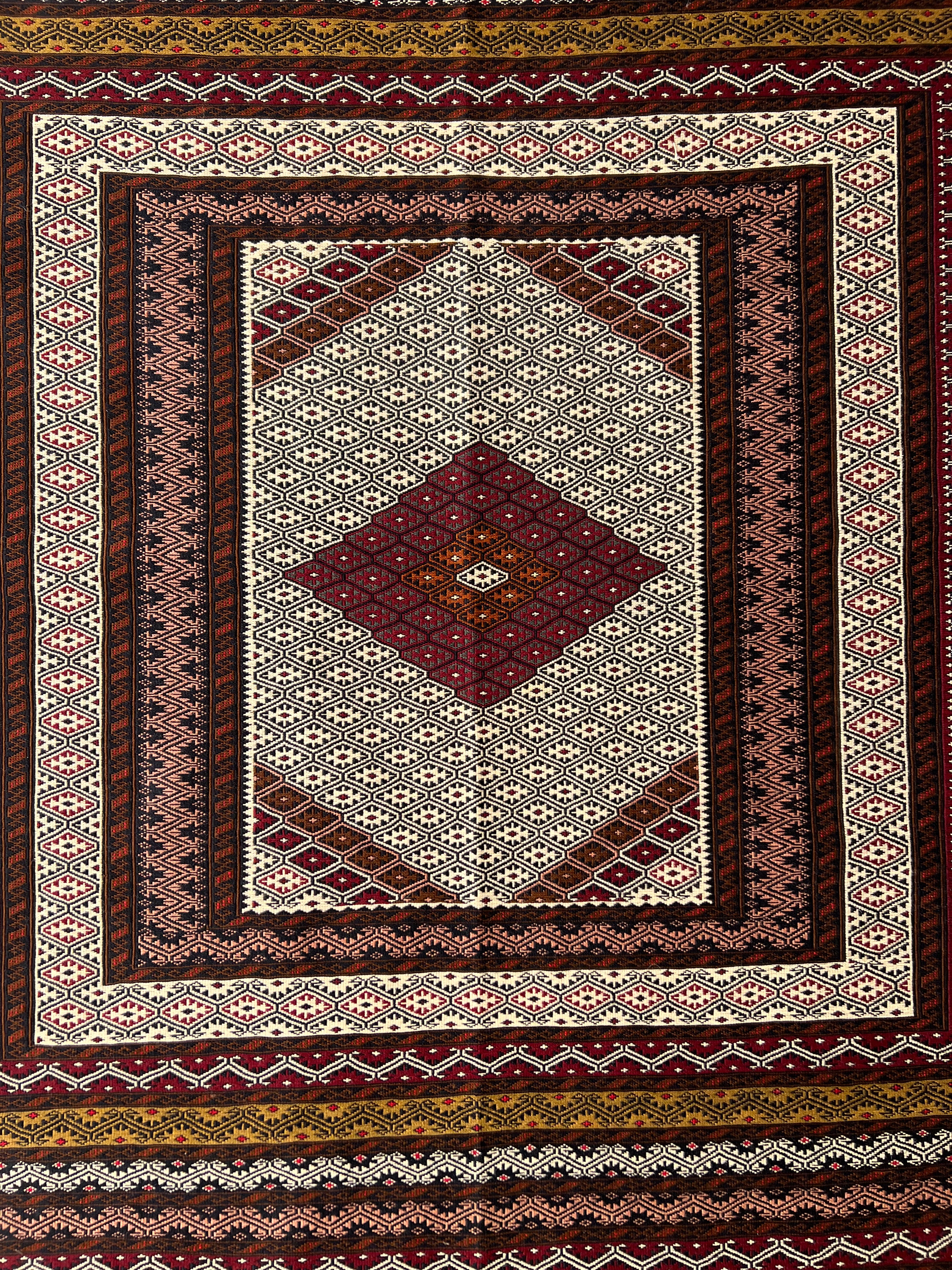 Kilim Rug 4x7 | Burgundy, Brown & Cream | Hand-Woven Wool Flatweave