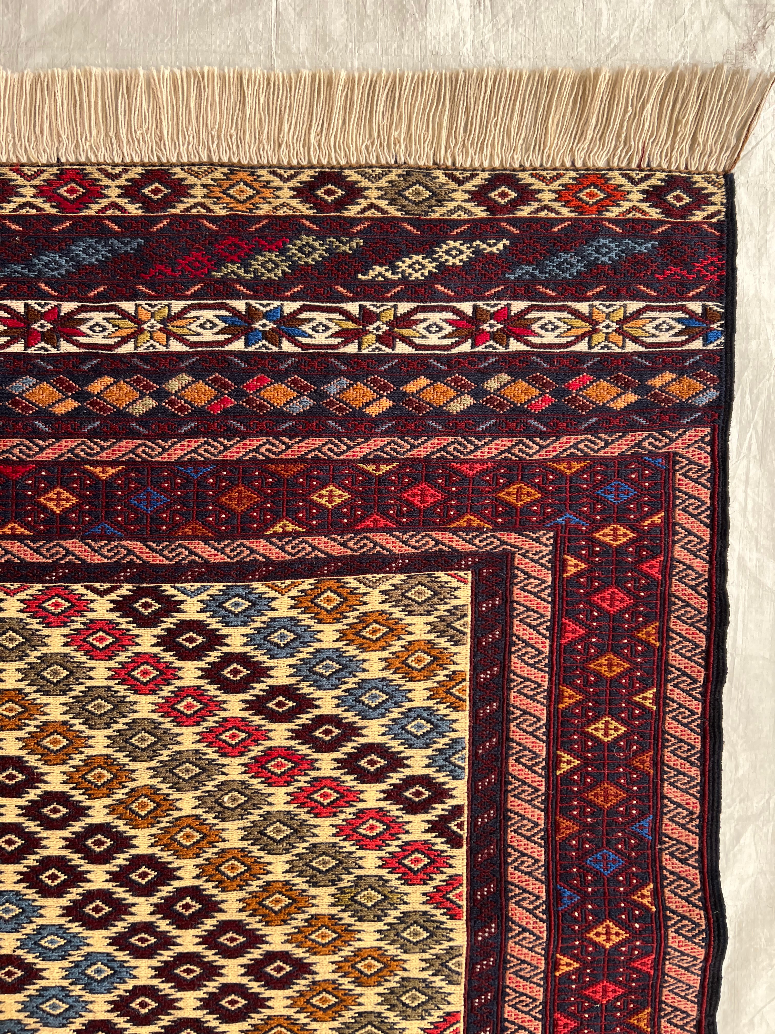 Kilim Rug 4x7 | Gold, Burgundy & Red | Hand-Woven Wool Flatweave